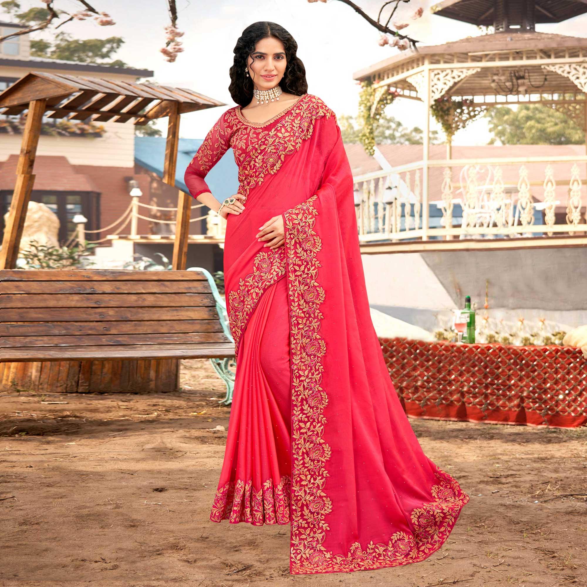 Pink Embellished With Embroidered Chiffon Saree - Peachmode