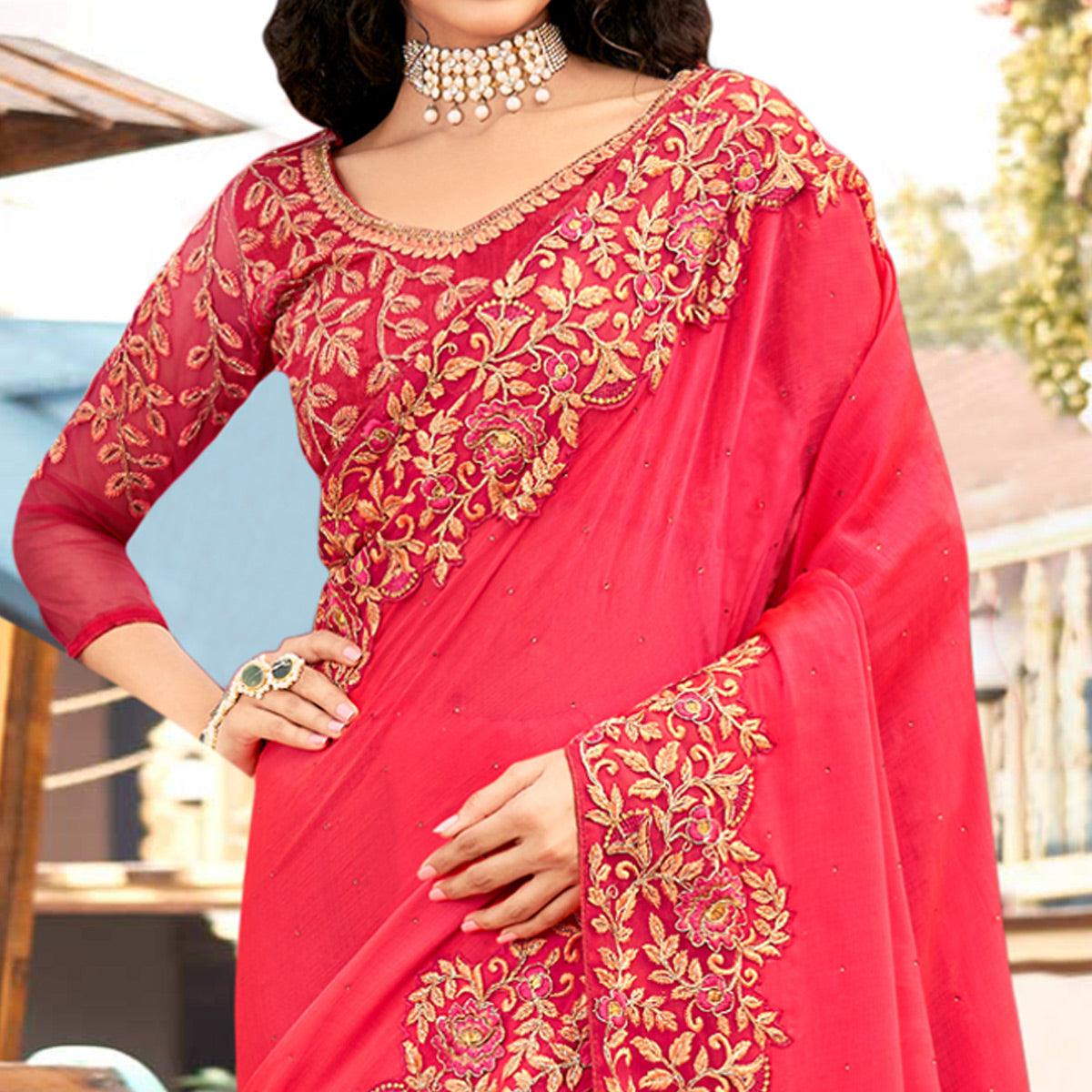 Pink Embellished With Embroidered Chiffon Saree - Peachmode
