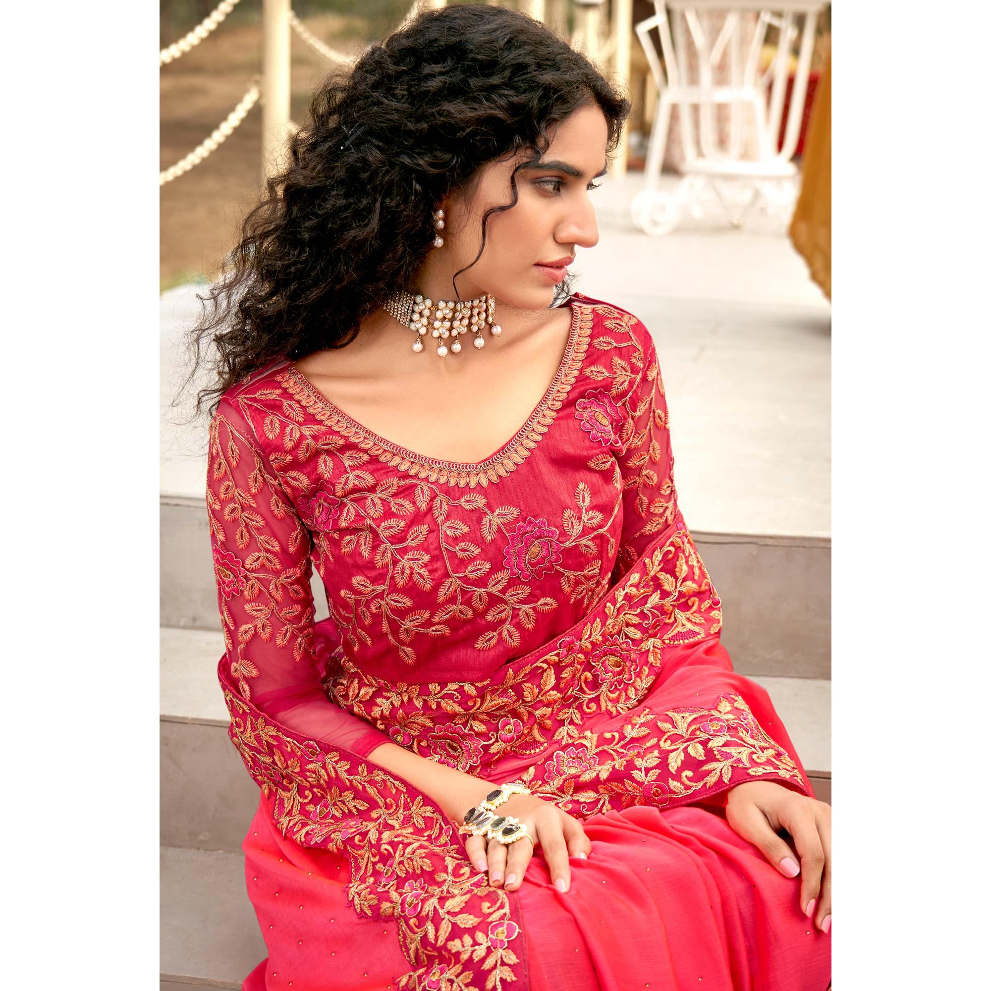 Pink Embellished With Embroidered Chiffon Saree - Peachmode