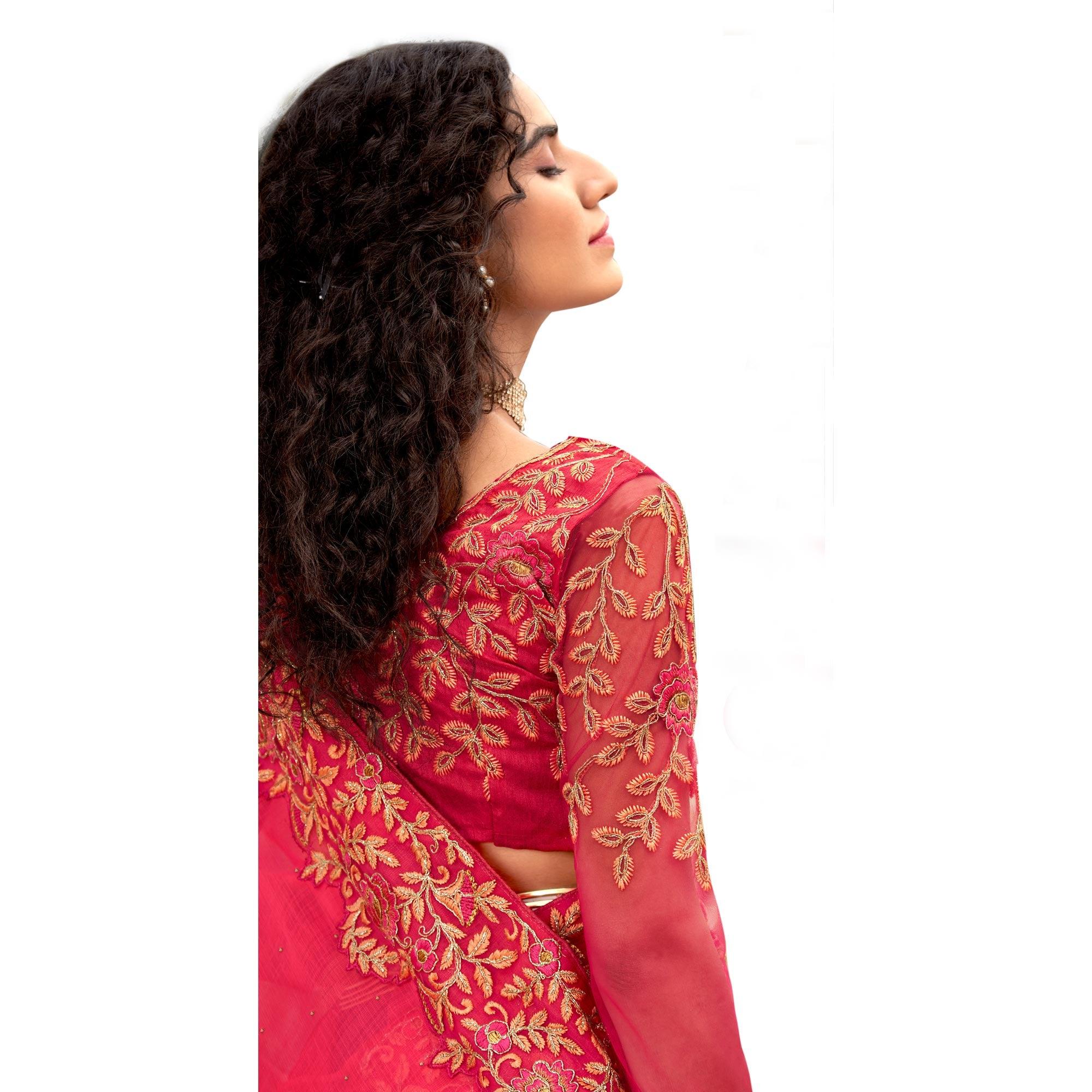 Pink Embellished With Embroidered Chiffon Saree - Peachmode