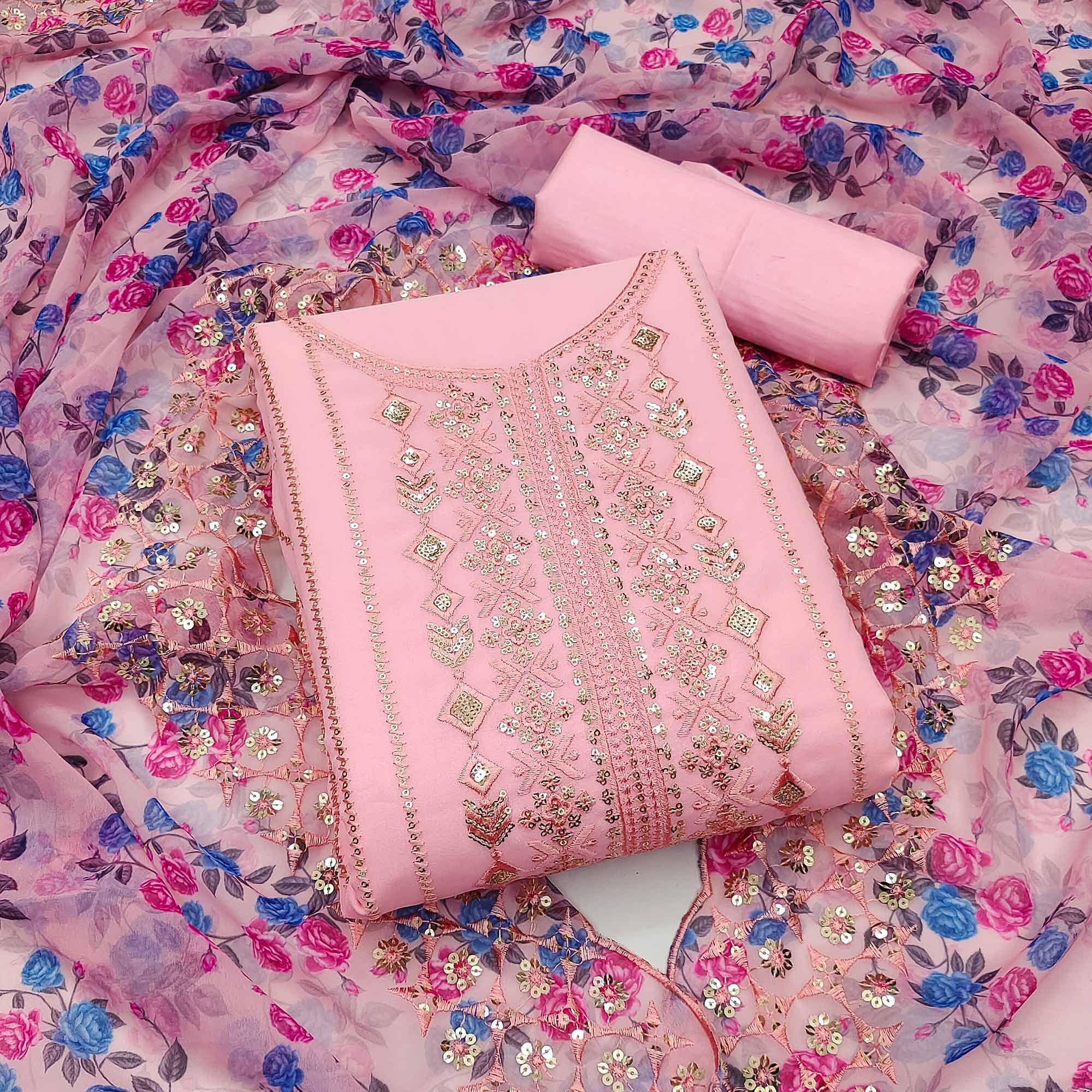 Pink Embellished With Embroidered Georgette Dress Material - Peachmode