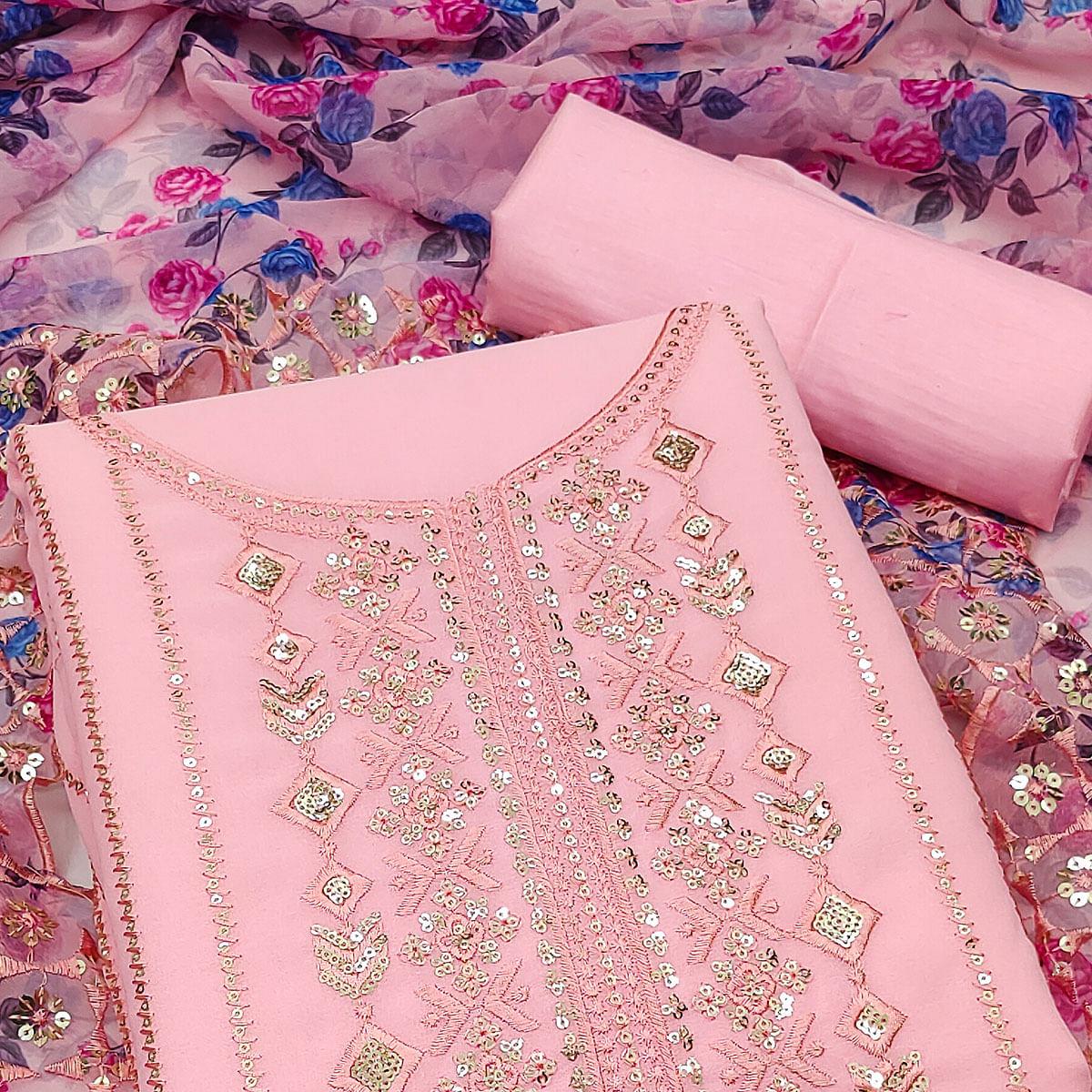 Pink Embellished With Embroidered Georgette Dress Material - Peachmode