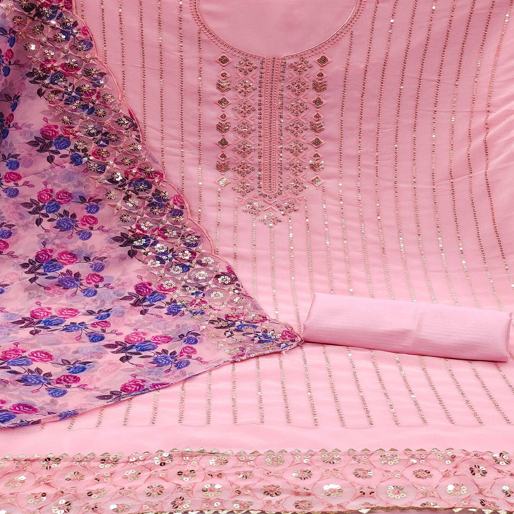 Pink Embellished With Embroidered Georgette Dress Material - Peachmode