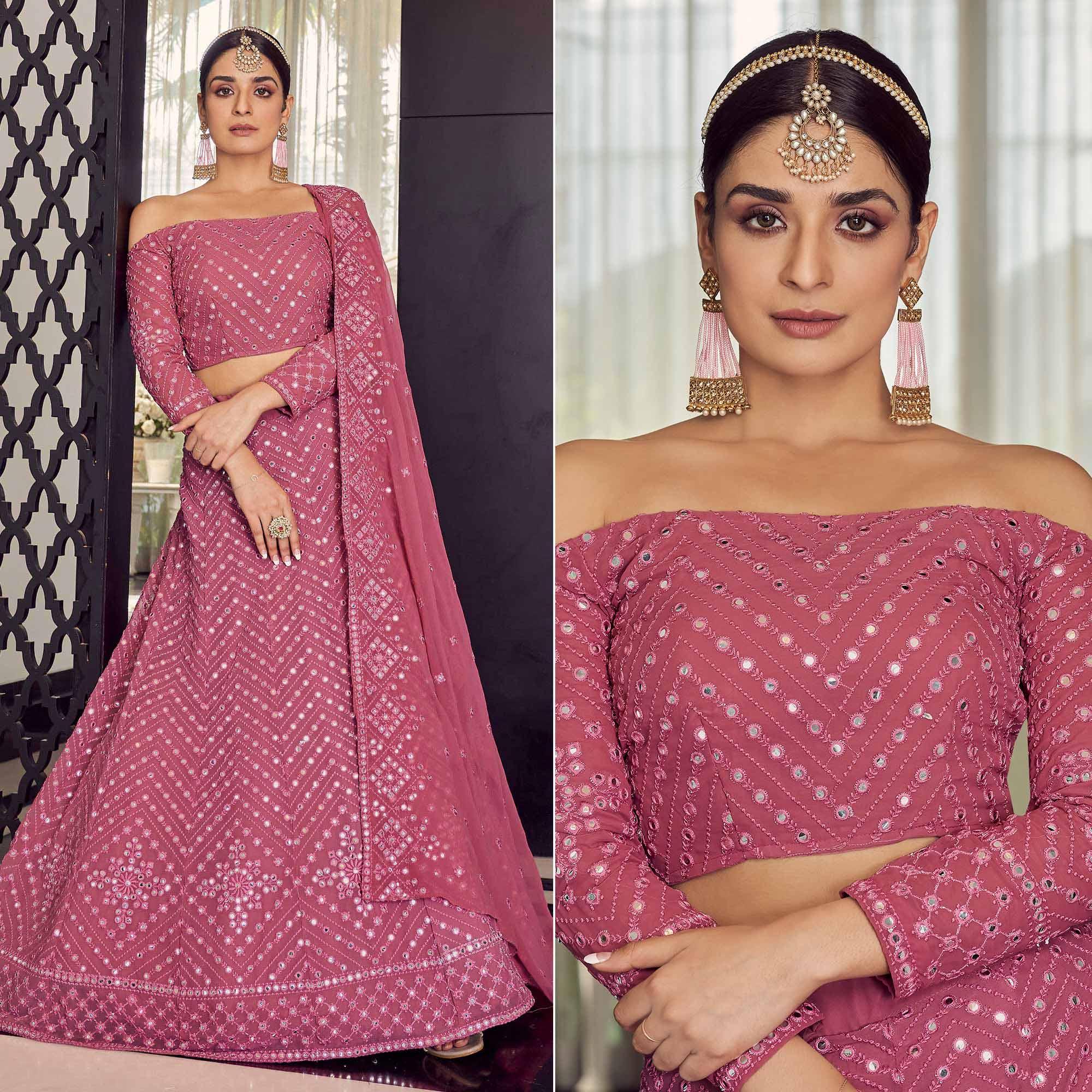 Pink Embellished With Embroidered Georgette Lehenga Choli - Peachmode