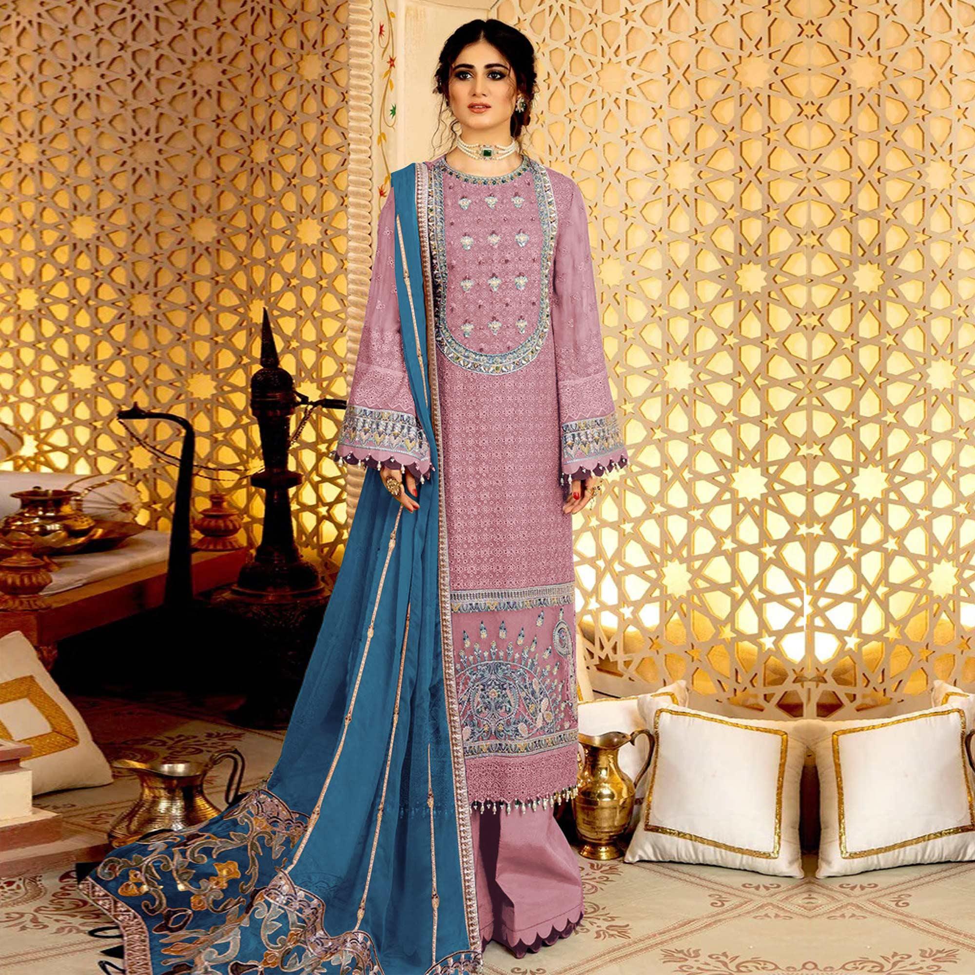 Pink Embellished With Embroidered Georgette Pakistani Suit - Peachmode