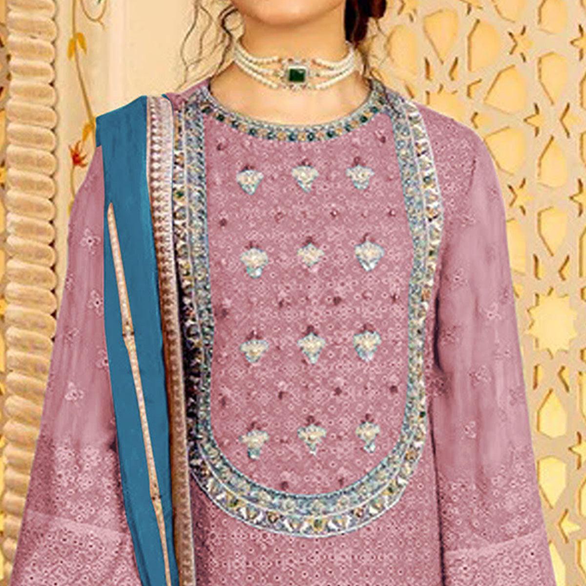 Pink Embellished With Embroidered Georgette Pakistani Suit - Peachmode