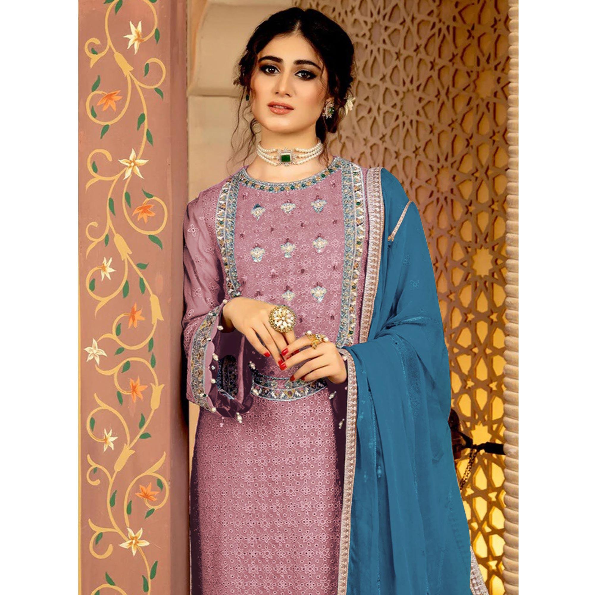Pink Embellished With Embroidered Georgette Pakistani Suit - Peachmode