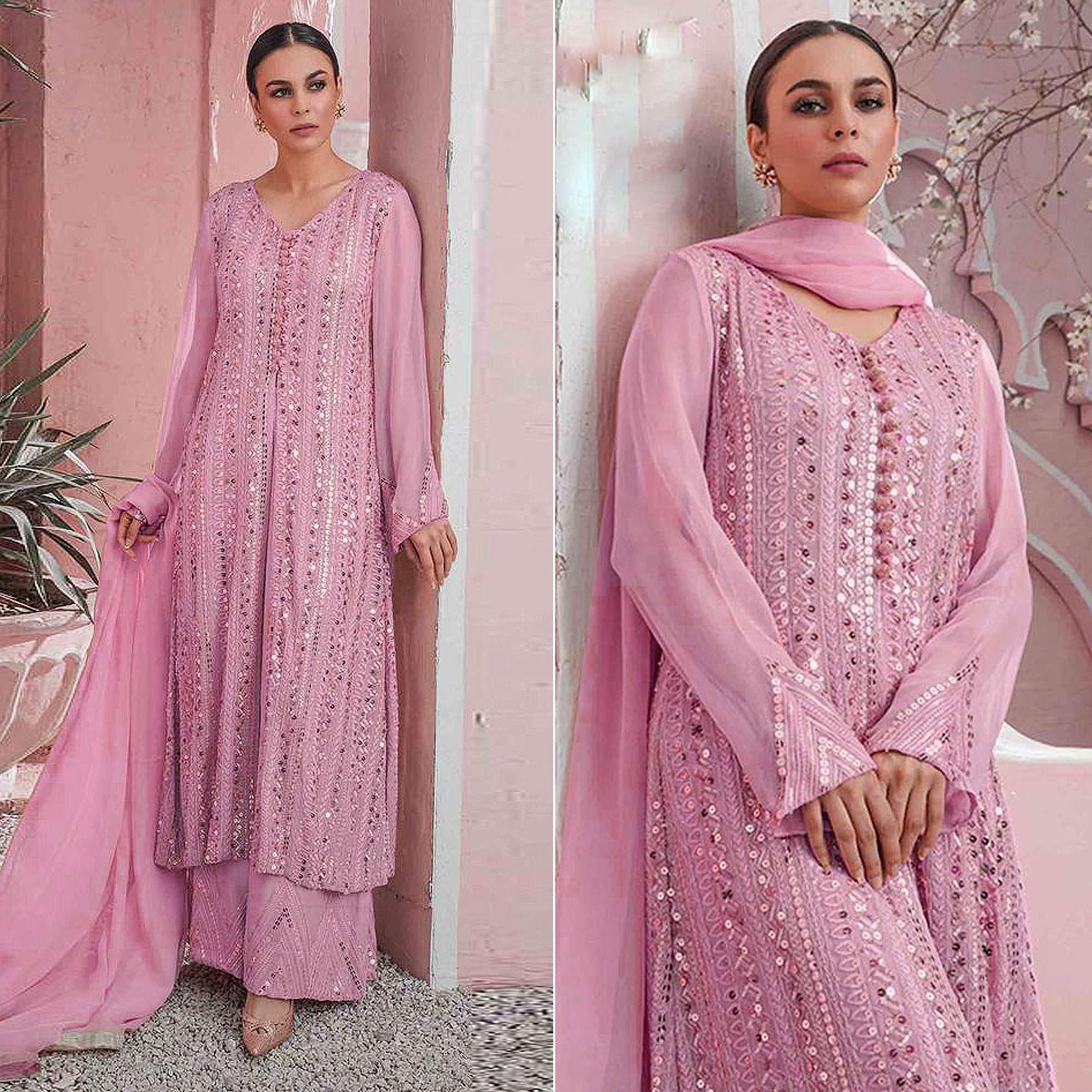 Pink Embellished With Embroidered Georgette Palazzo Suit - Peachmode