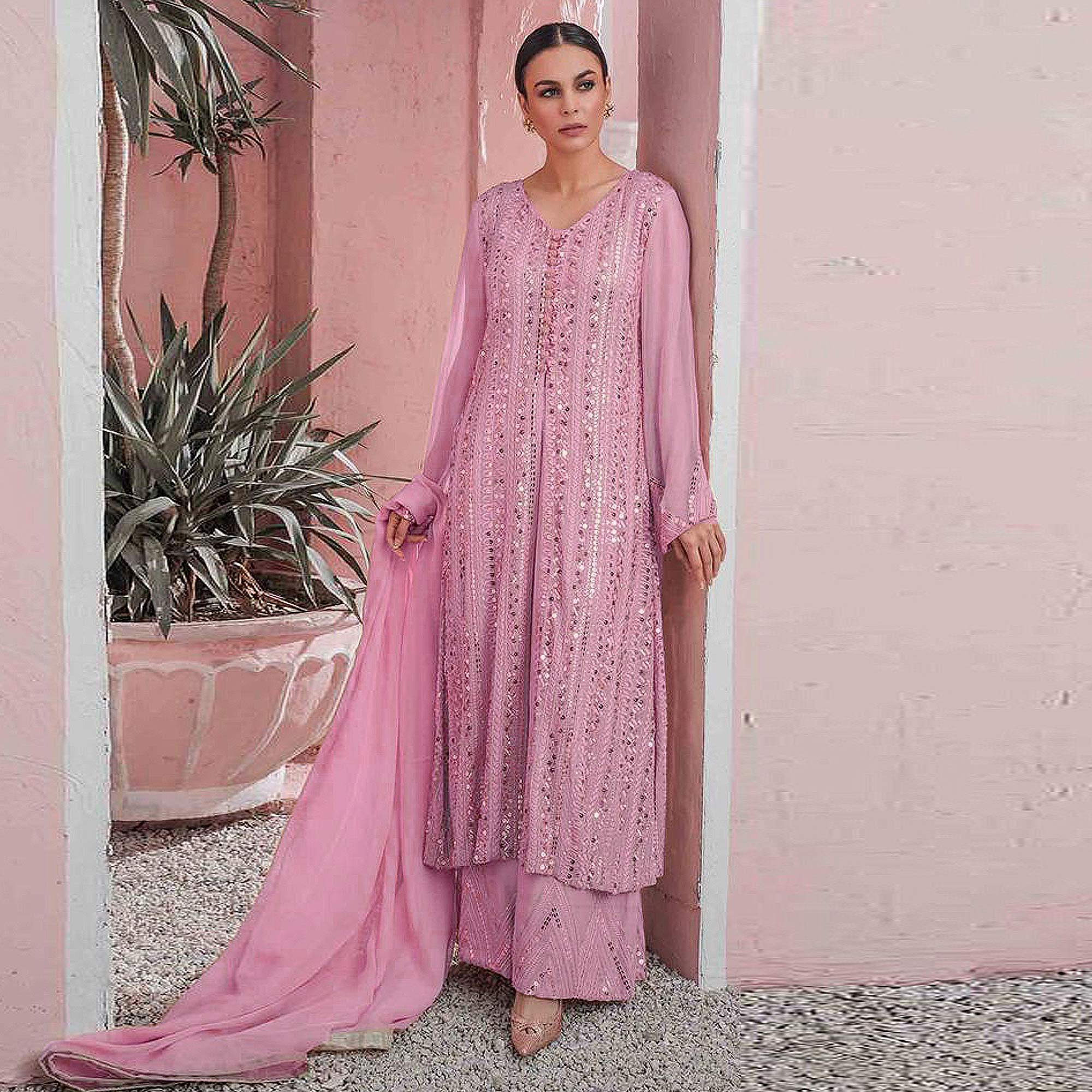 Pink Embellished With Embroidered Georgette Palazzo Suit - Peachmode