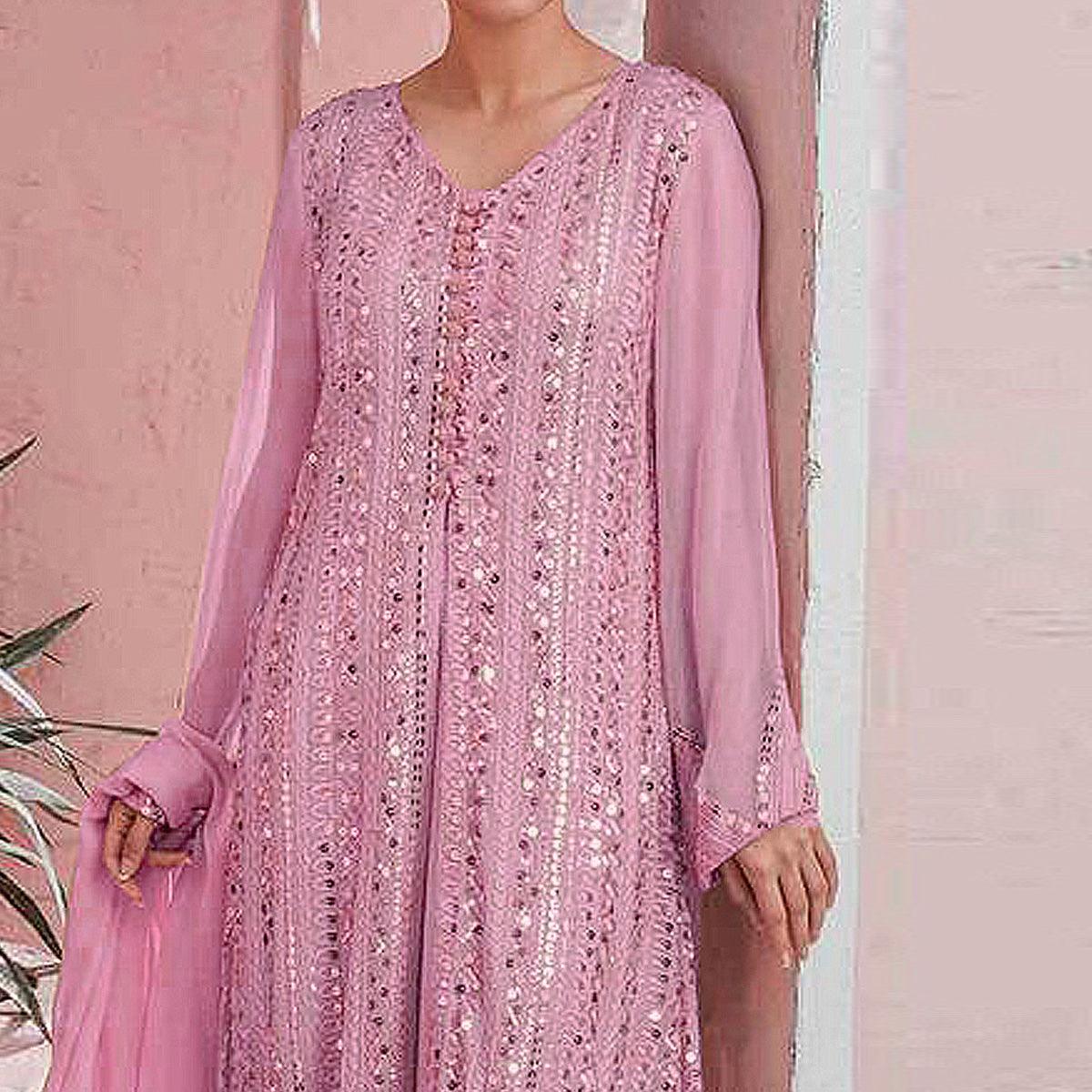 Pink Embellished With Embroidered Georgette Palazzo Suit - Peachmode