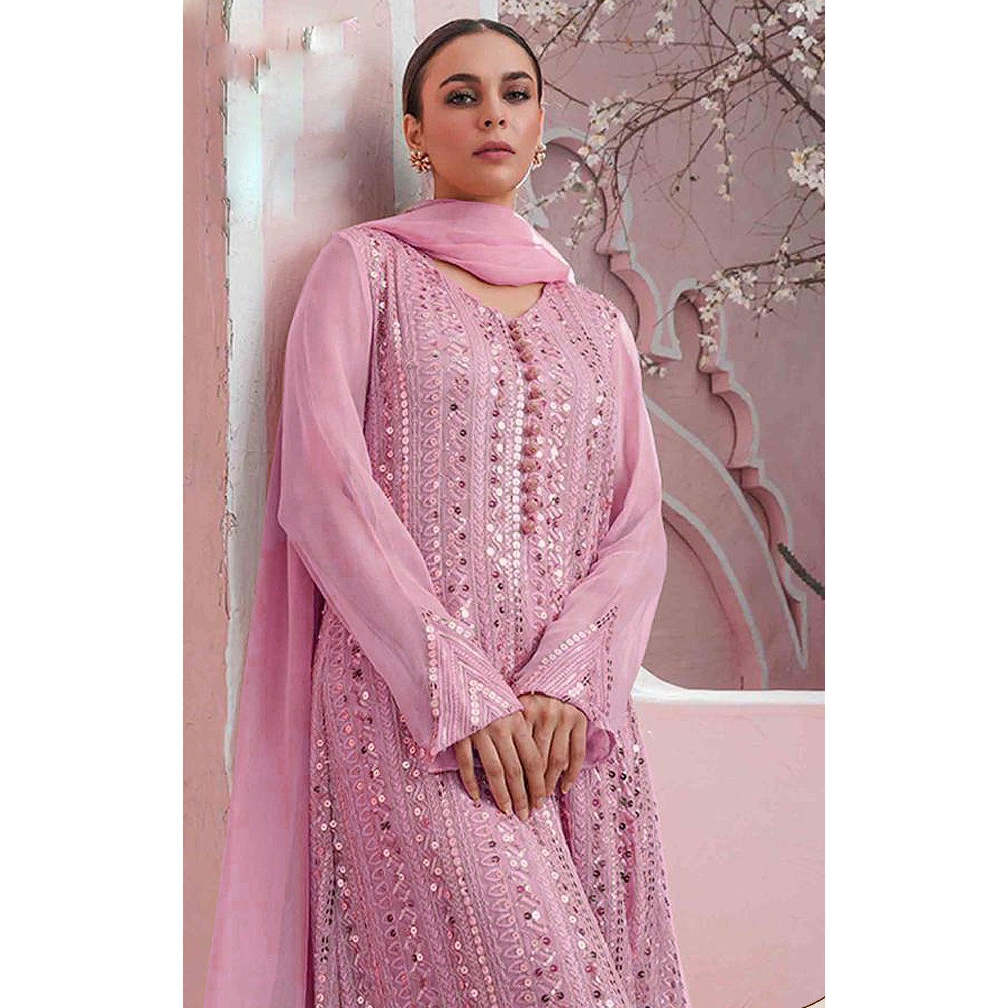 Pink Embellished With Embroidered Georgette Palazzo Suit - Peachmode