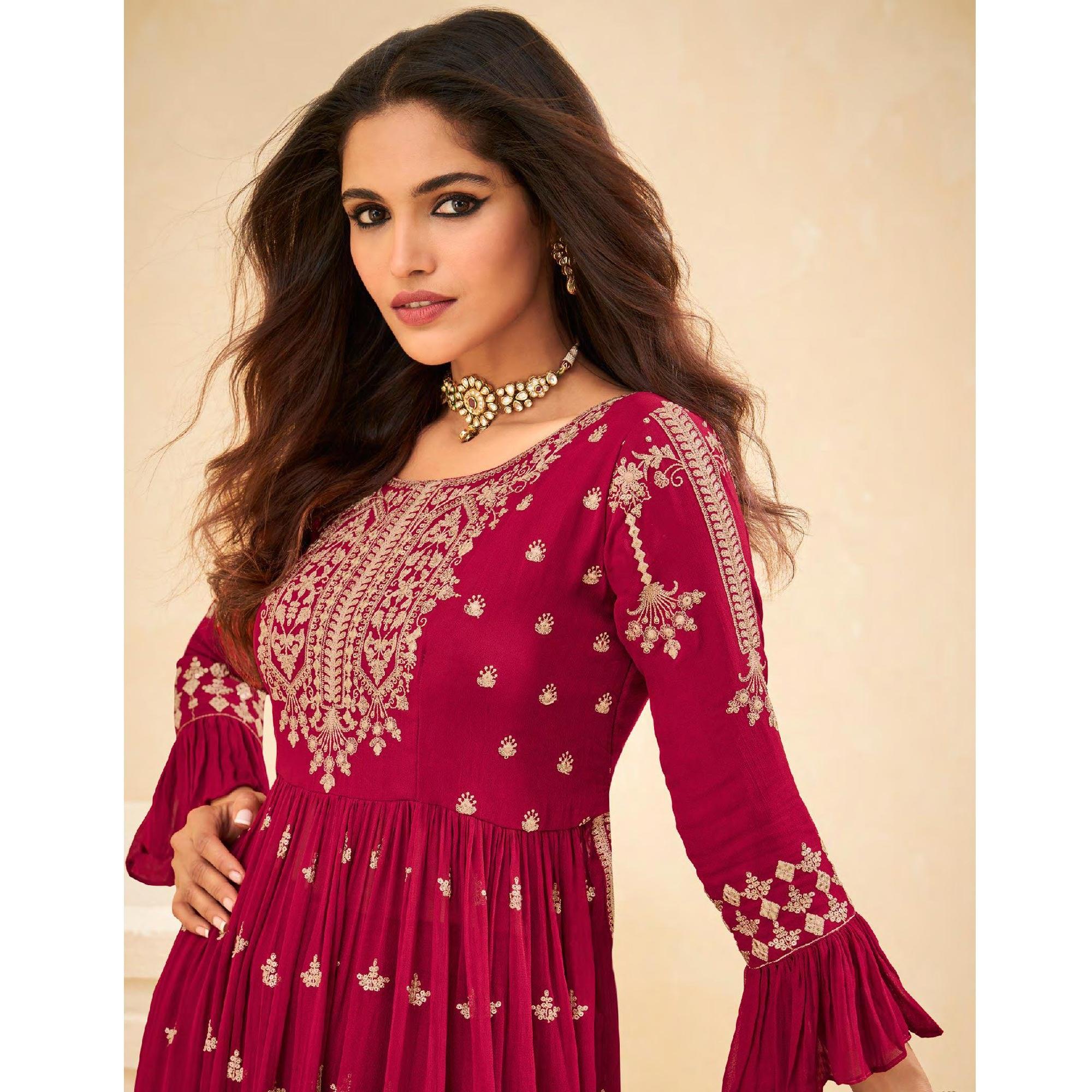 Pink Embellished With Embroidered Georgette Palazzo Suit - Peachmode
