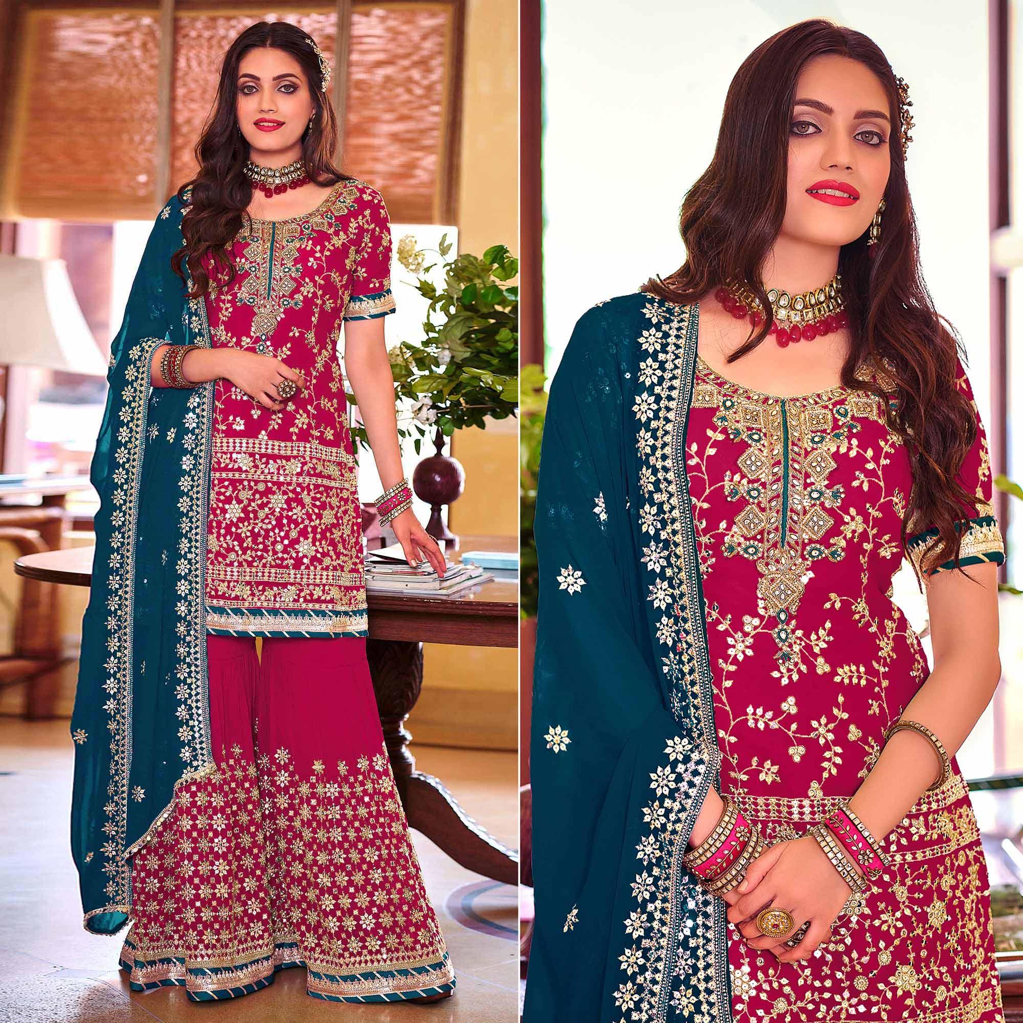 Pink Embellished With Embroidered Georgette Sharara Suit - Peachmode