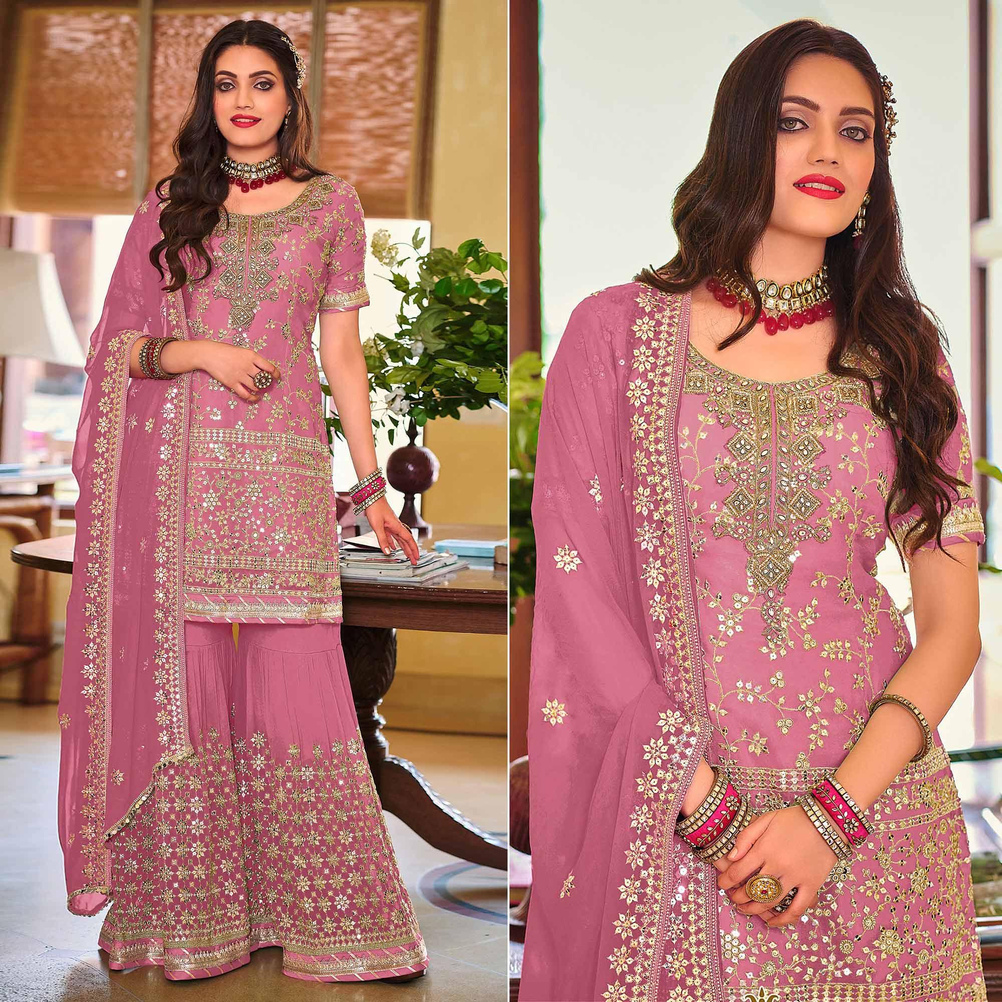 Pink Embellished With Embroidered Georgette Sharara Suit - Peachmode