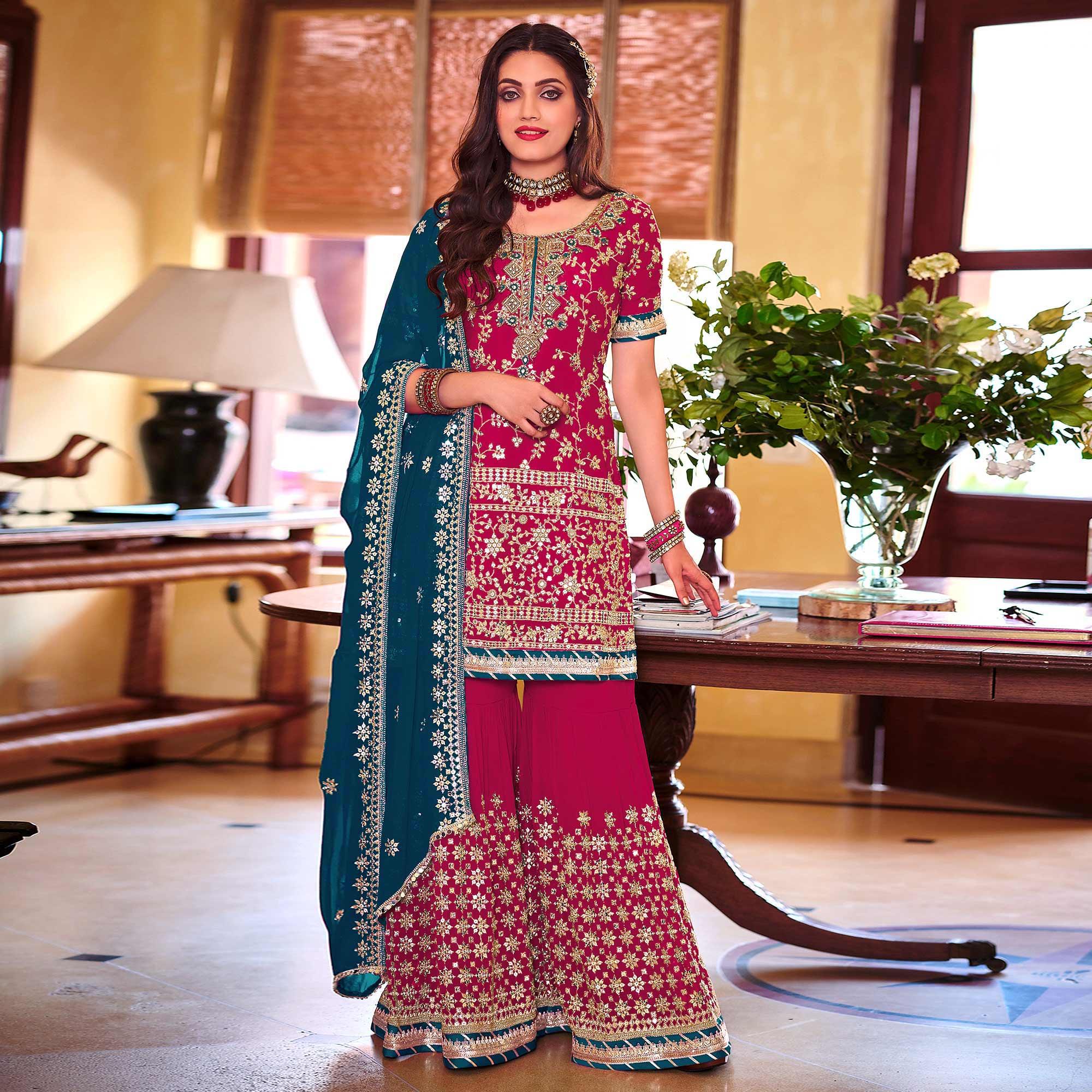 Pink Embellished With Embroidered Georgette Sharara Suit - Peachmode
