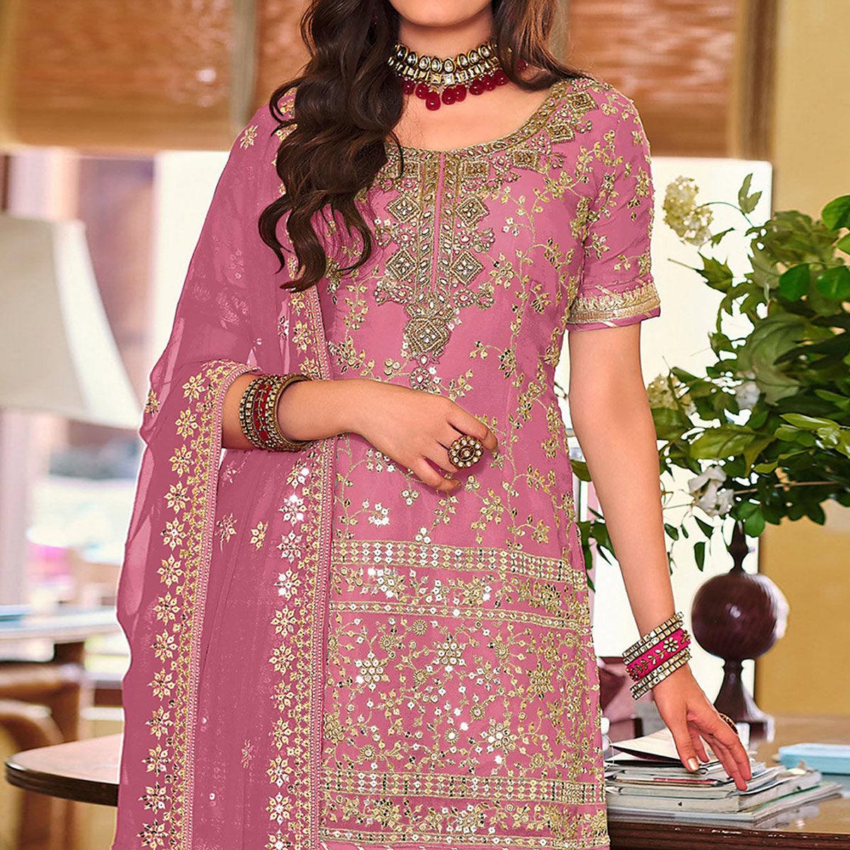 Pink Embellished With Embroidered Georgette Sharara Suit - Peachmode