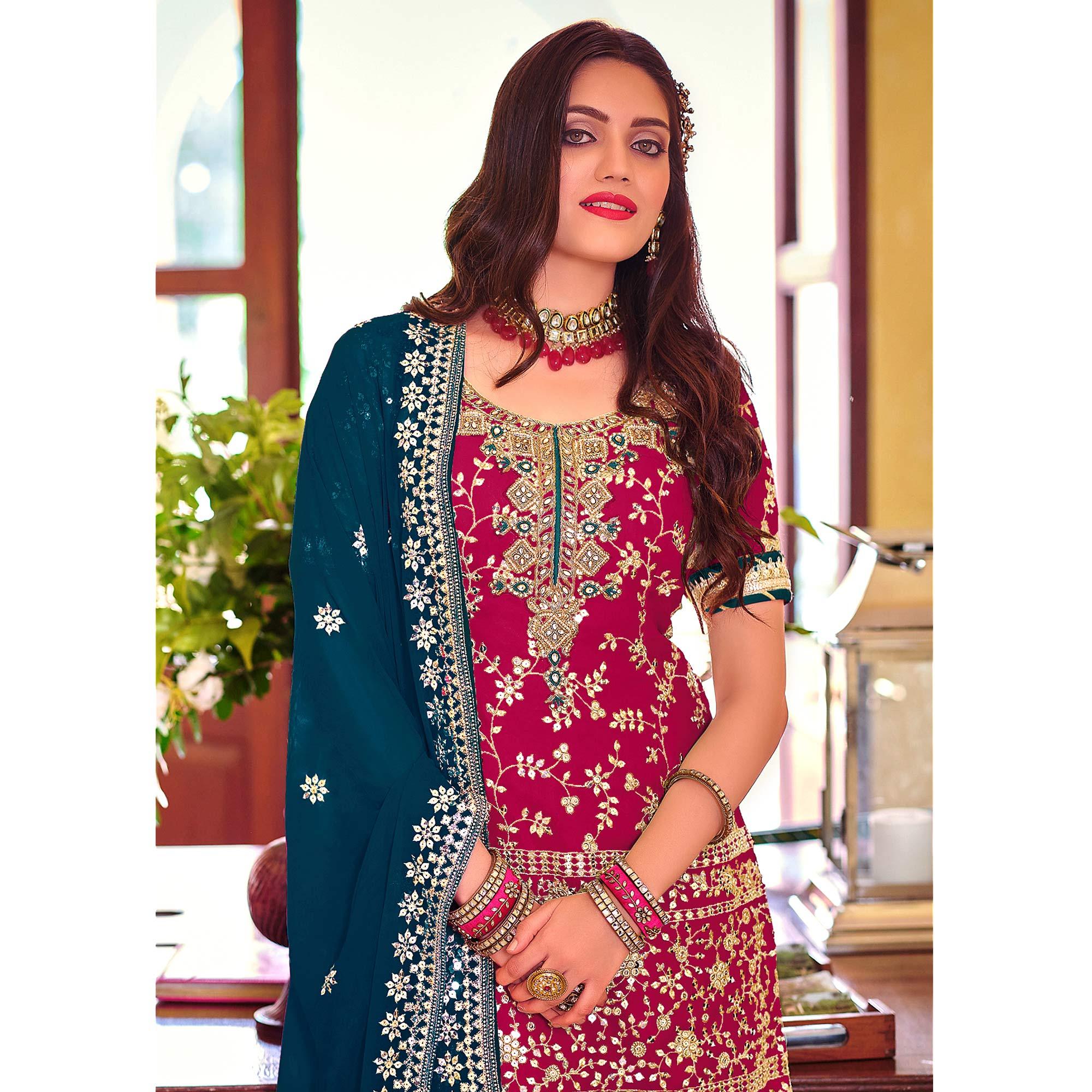 Pink Embellished With Embroidered Georgette Sharara Suit - Peachmode