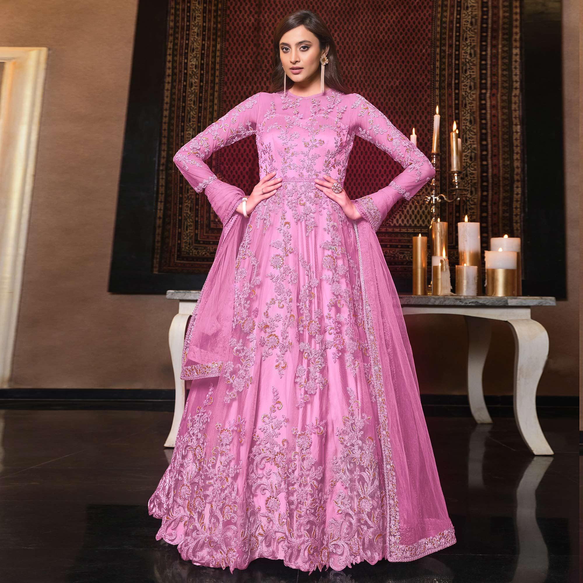 Pink Embellished With Embroidered Net Anarkali Suit - Peachmode