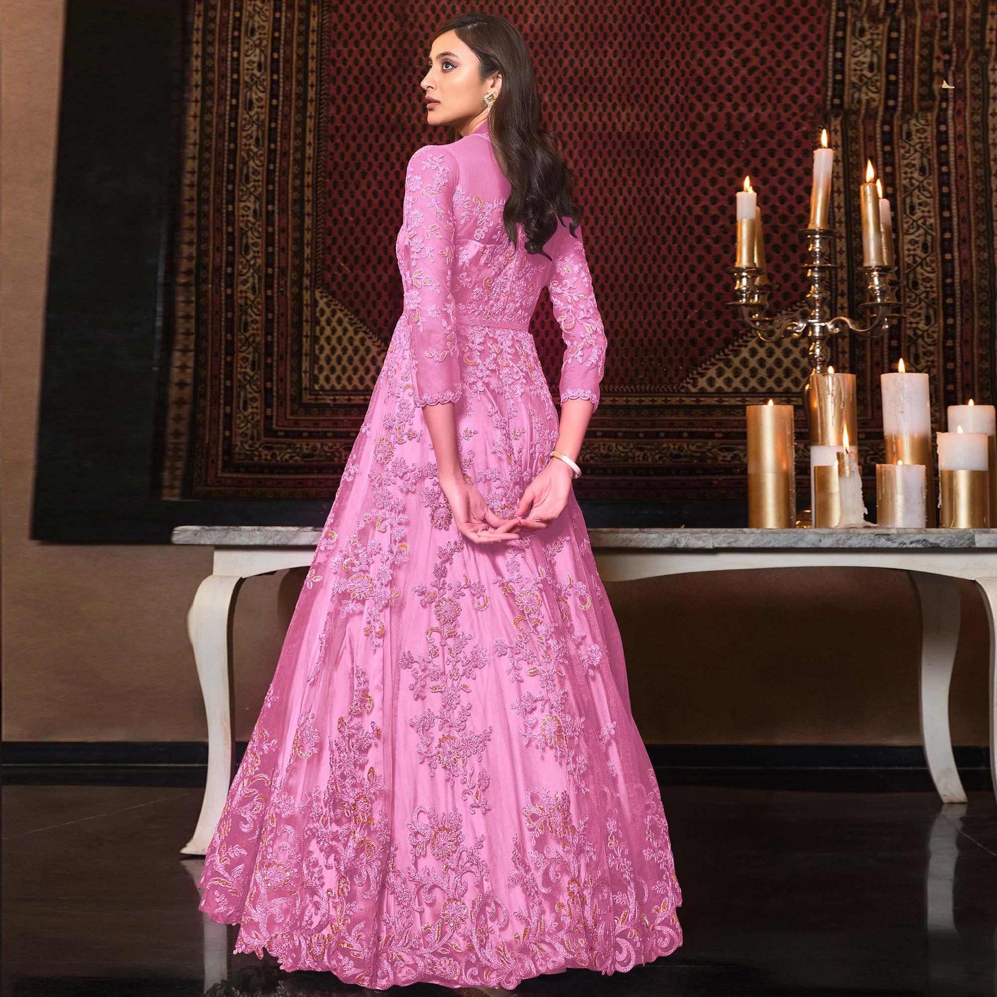 Pink Embellished With Embroidered Net Anarkali Suit - Peachmode