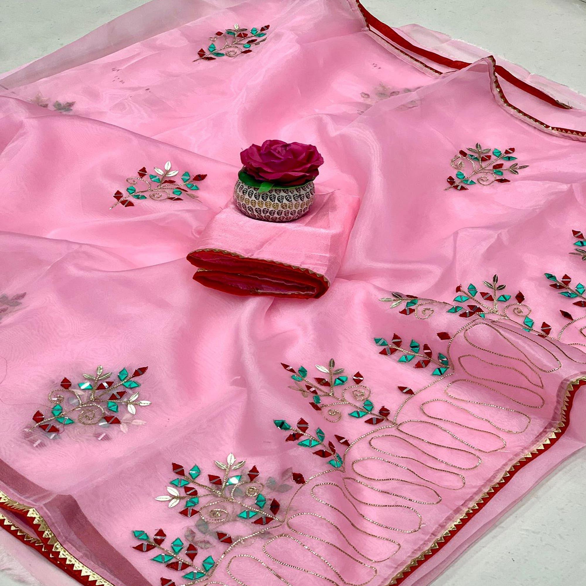 Pink Embellished With Embroidered Organza Saree - Peachmode