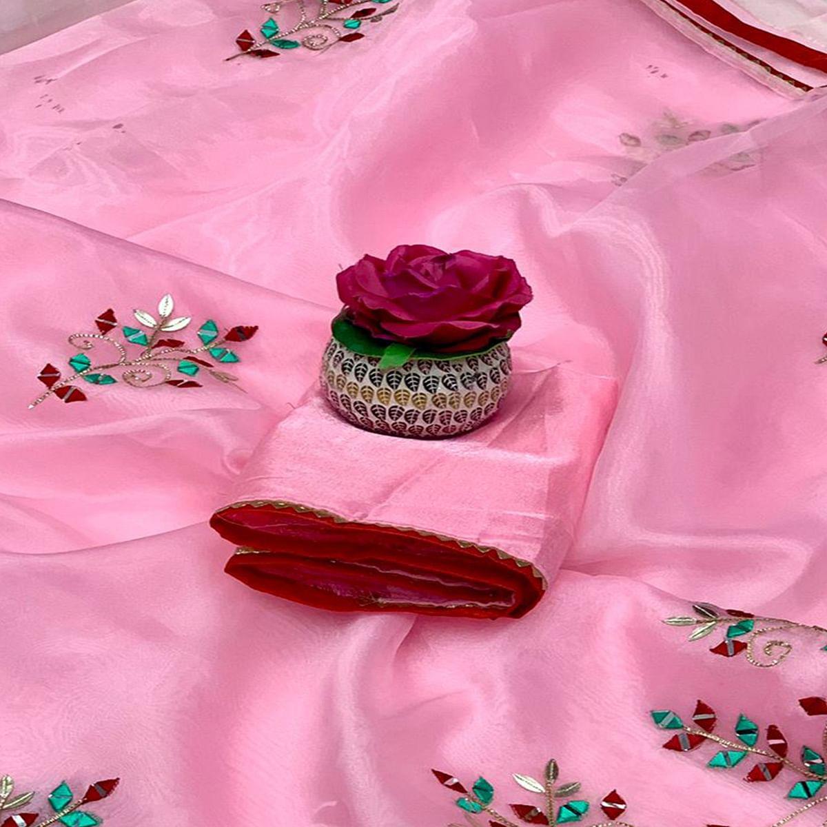 Pink Embellished With Embroidered Organza Saree - Peachmode