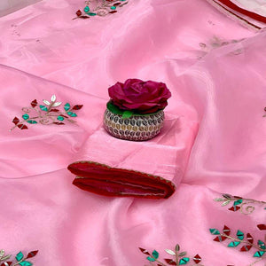 Pink Embellished With Embroidered Organza Saree - Peachmode