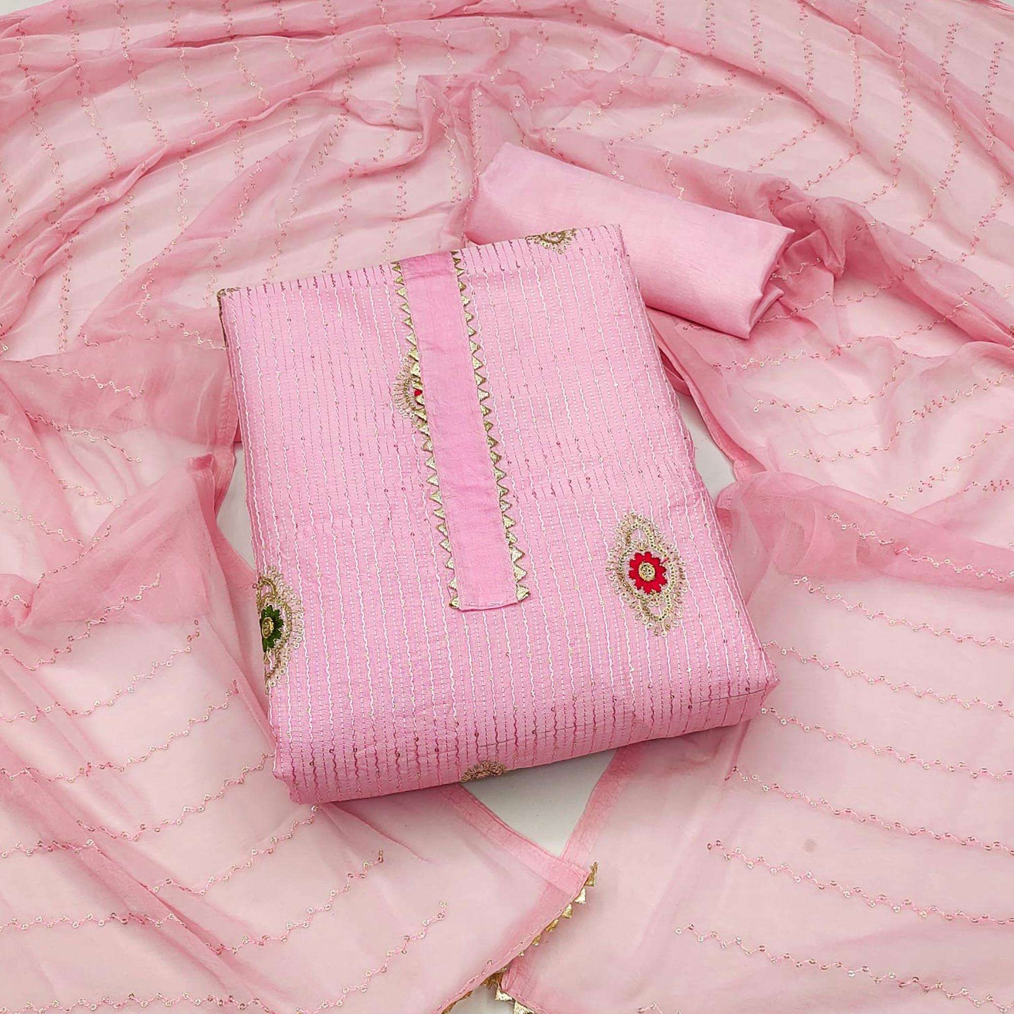 Pink Embellished With Embroidered Poly Cotton Dress Material - Peachmode