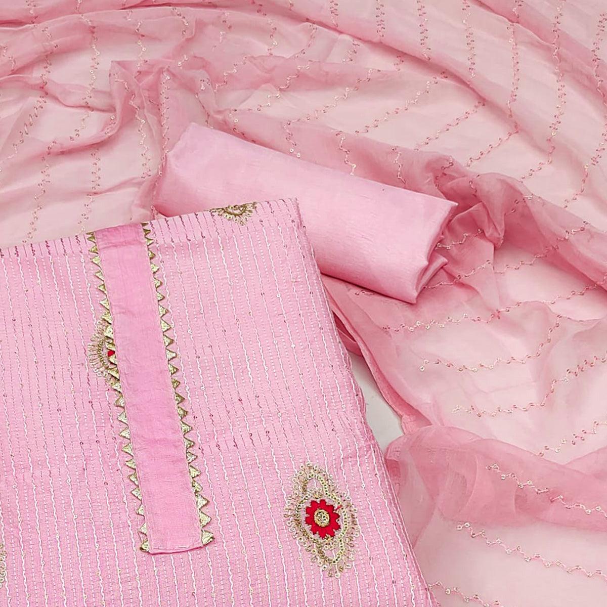 Pink Embellished With Embroidered Poly Cotton Dress Material - Peachmode