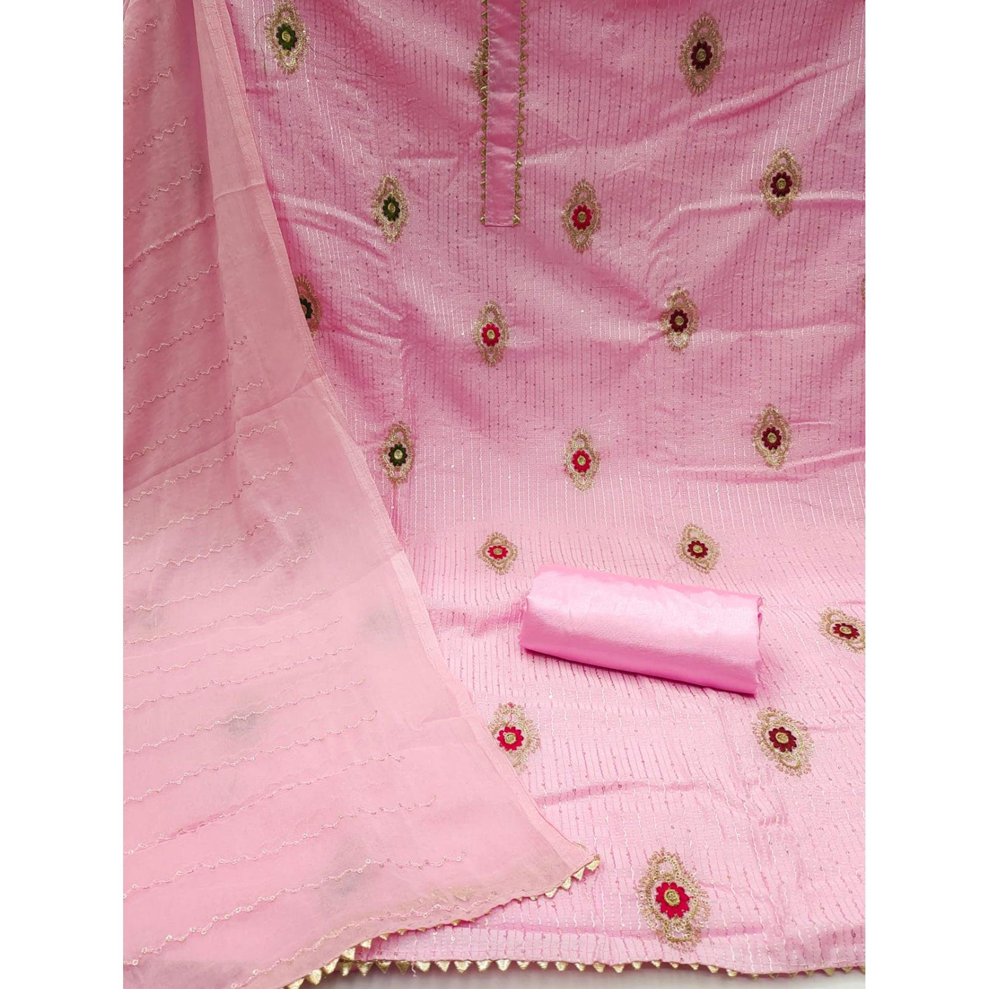 Pink Embellished With Embroidered Poly Cotton Dress Material - Peachmode