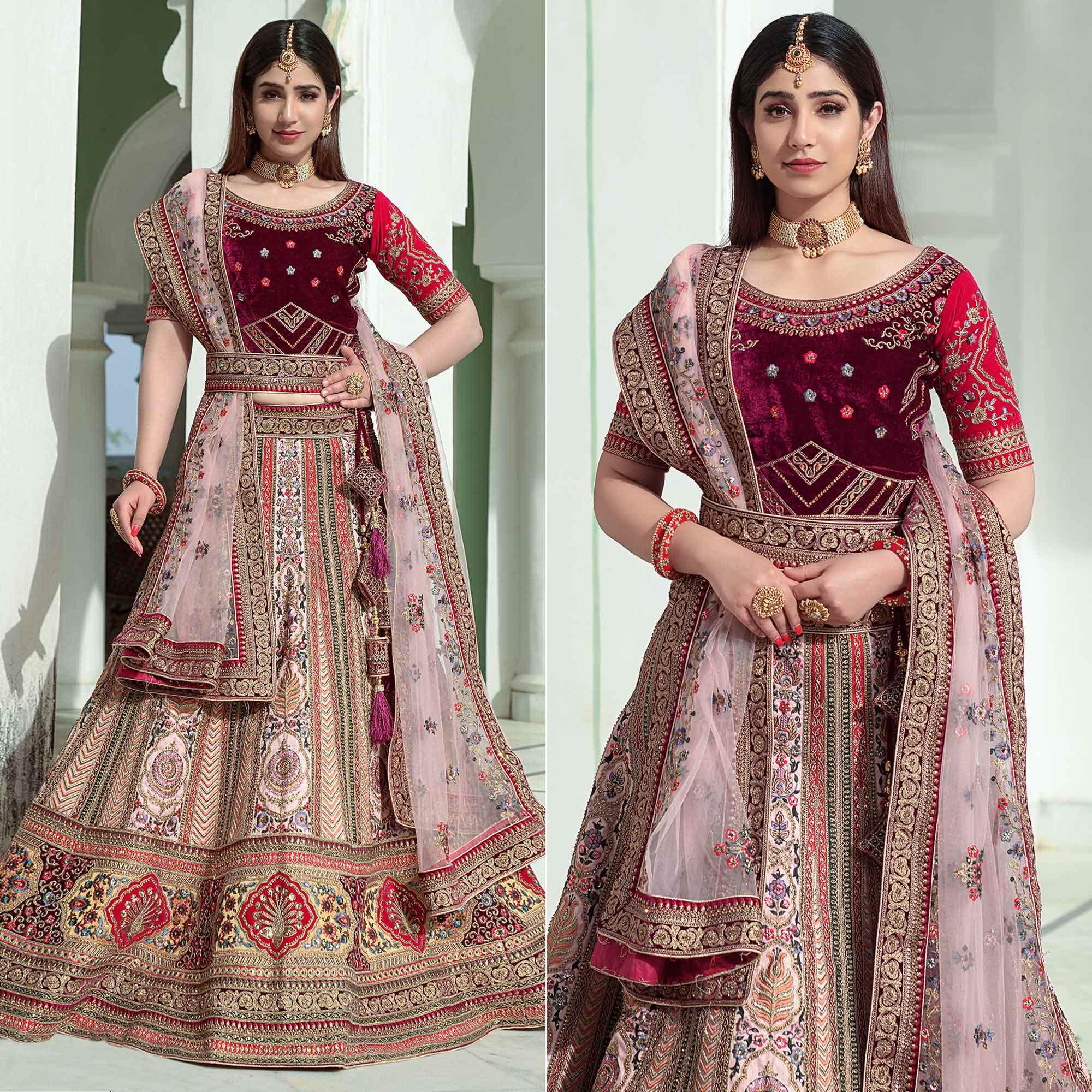 Pink Embellished With Embroidered Velvet Lehenga Choli - Peachmode