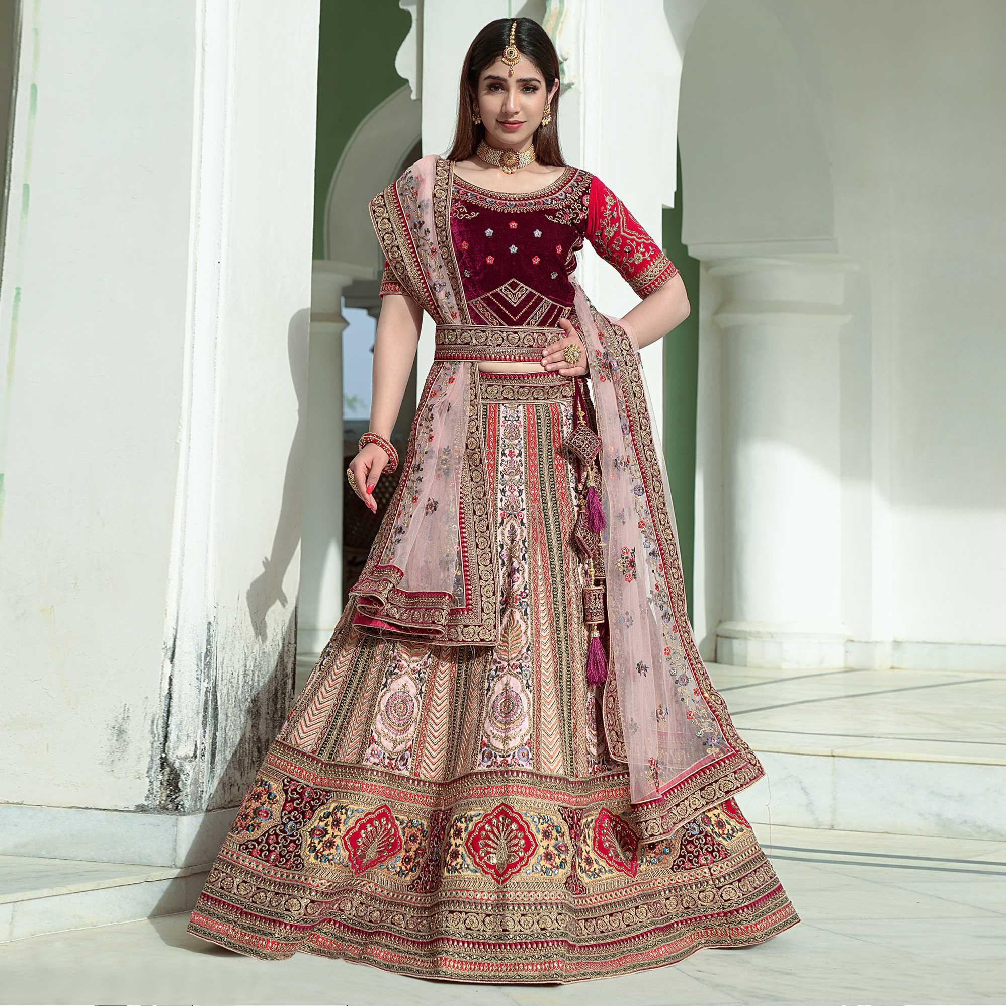 Pink Embellished With Embroidered Velvet Lehenga Choli - Peachmode