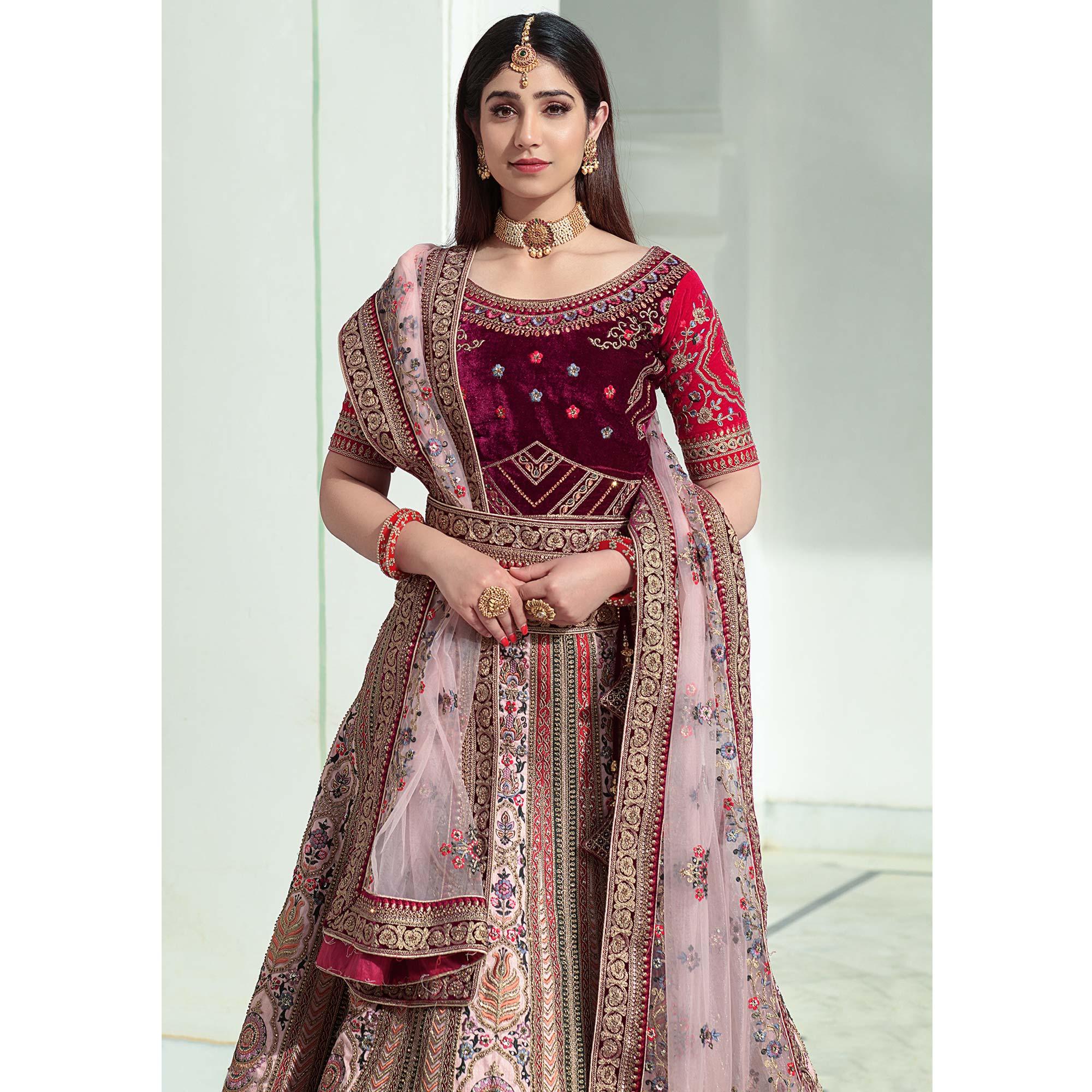 Pink Embellished With Embroidered Velvet Lehenga Choli - Peachmode