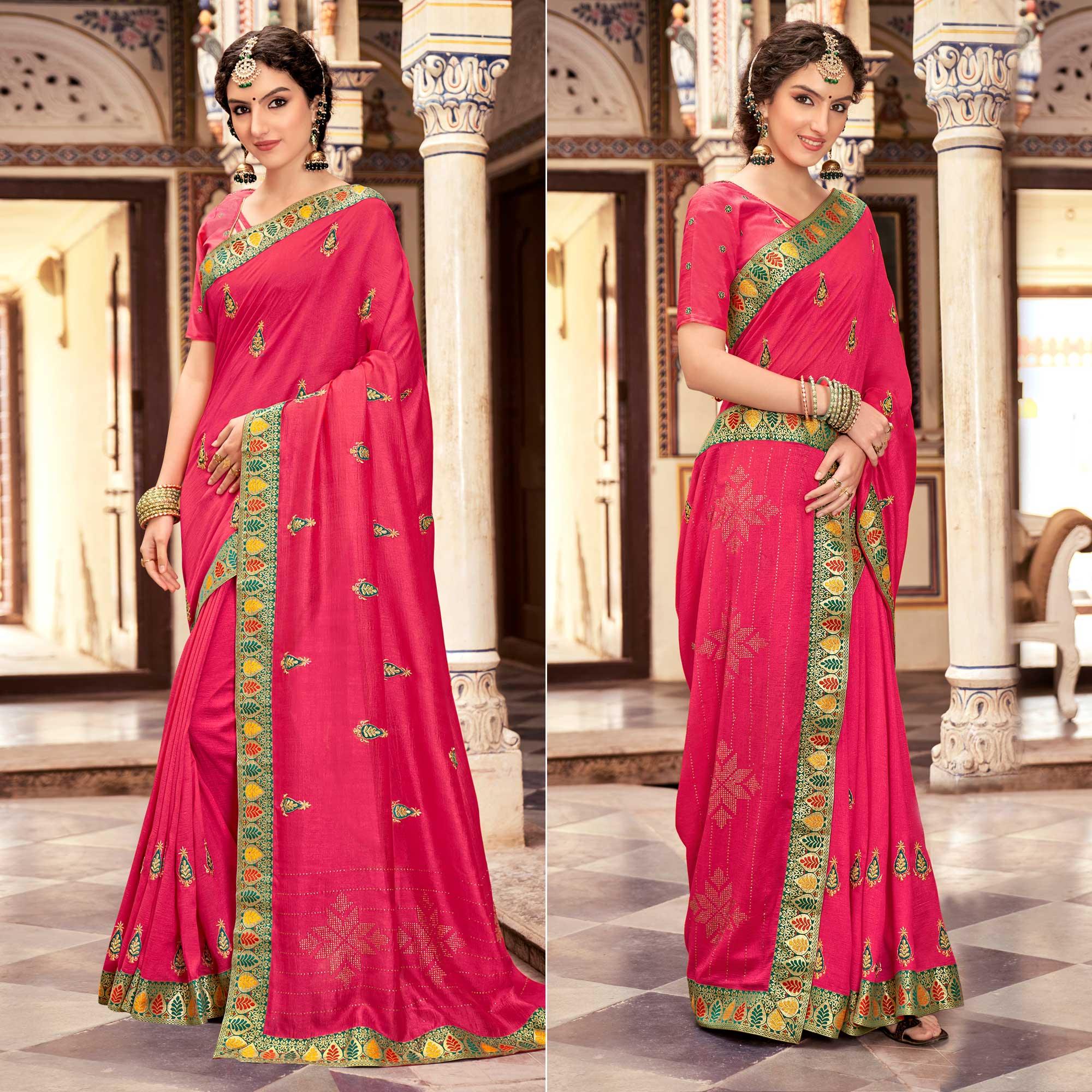 Pink Embellished With Embroidered Vichitra Silk Saree - Peachmode