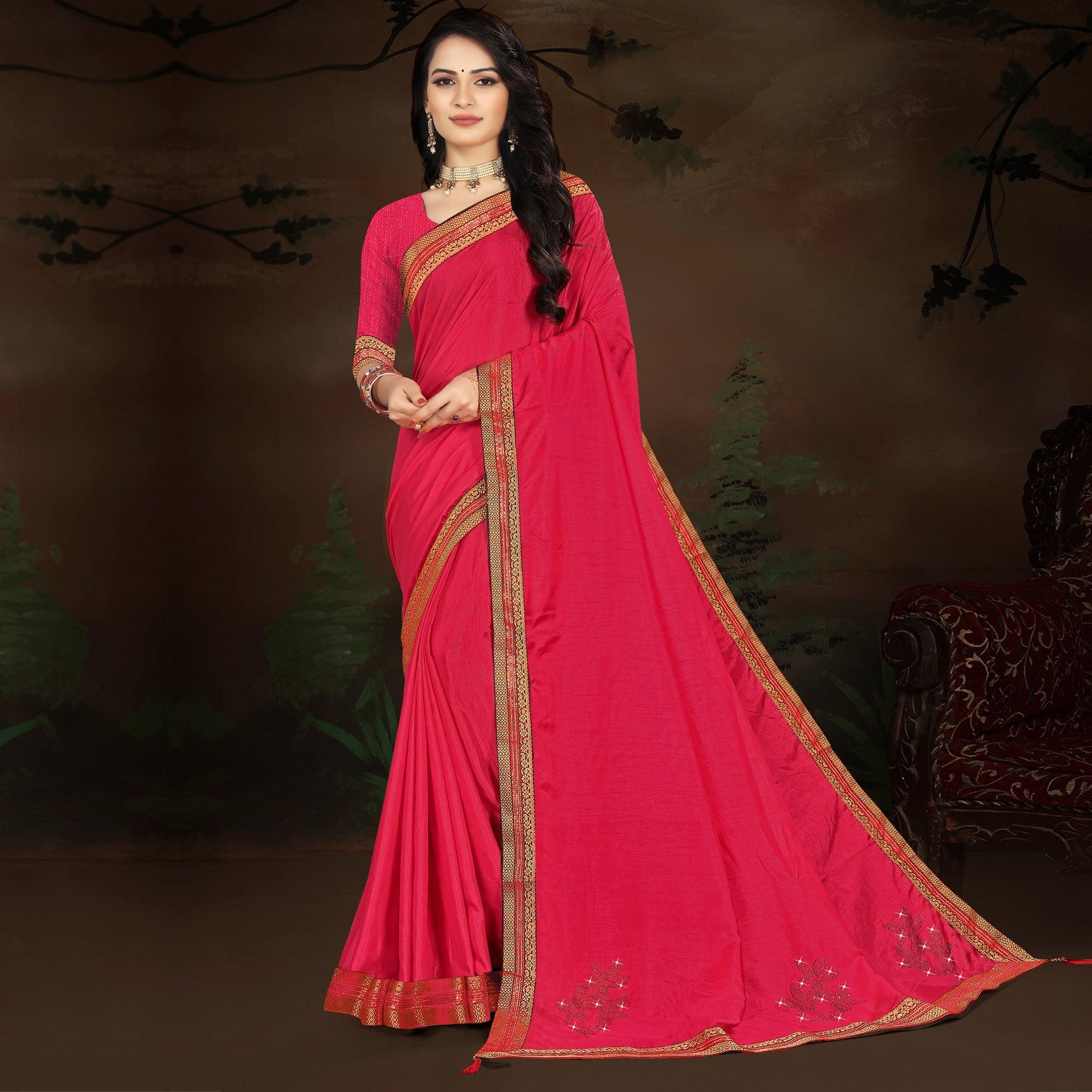 Pink Embellished With Embroidered Vichitra Silk Saree - Peachmode