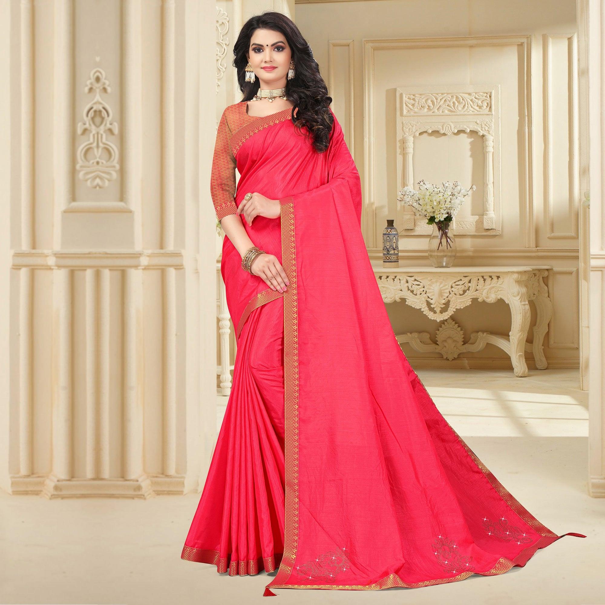 Pink Embellished With Embroidered Vichitra Silk Saree - Peachmode