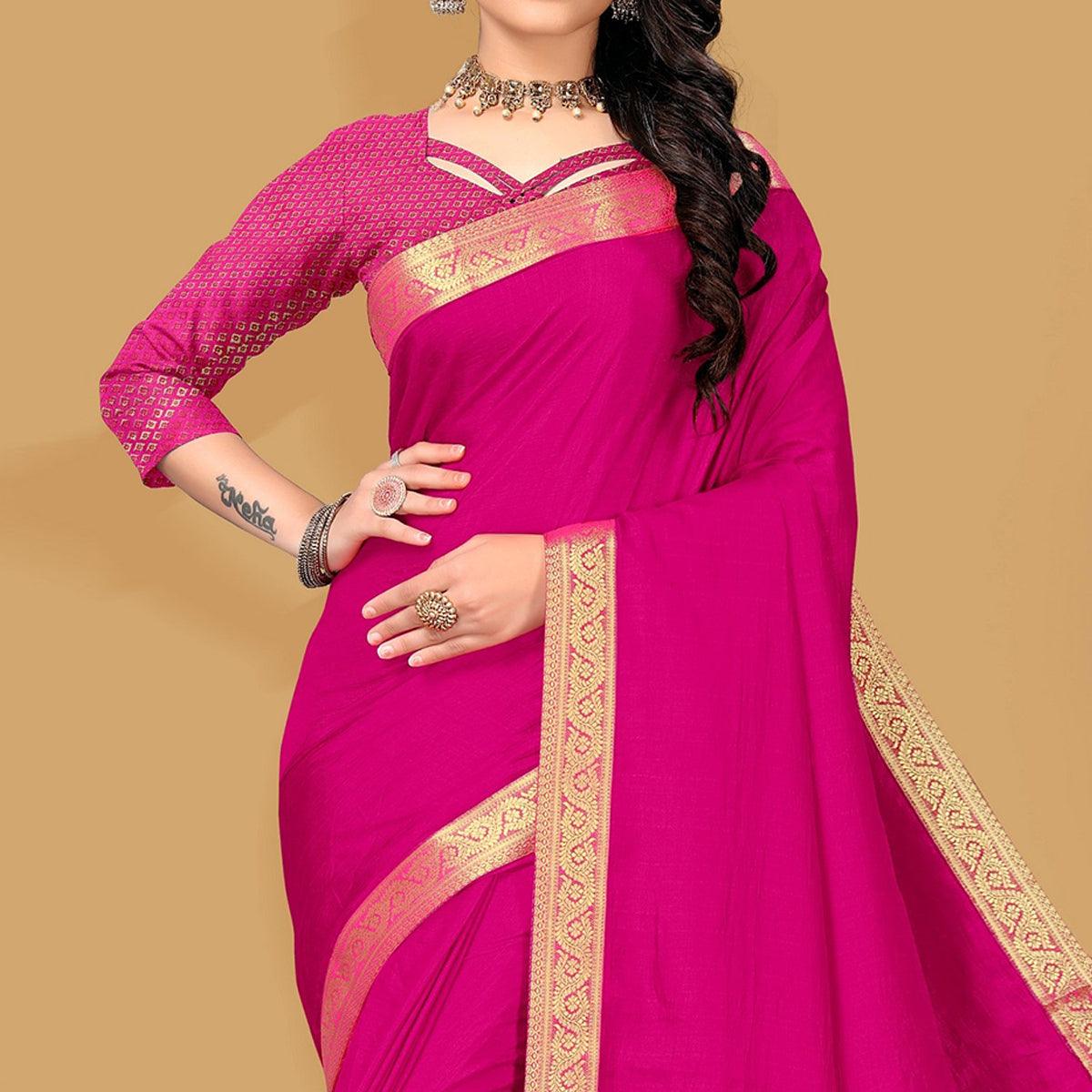 Pink Embellished With Embroidered Vichitra Silk Saree - Peachmode