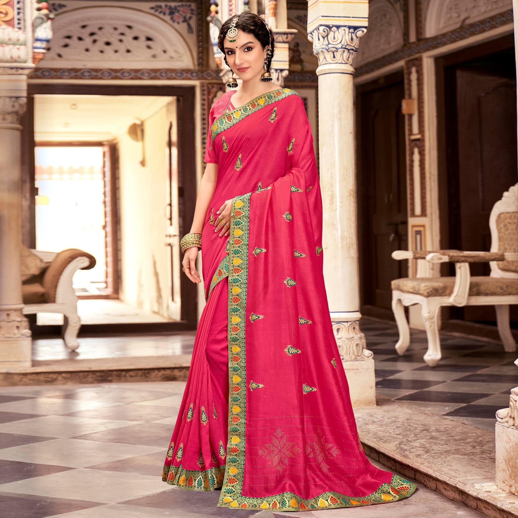 Pink Embellished With Embroidered Vichitra Silk Saree - Peachmode