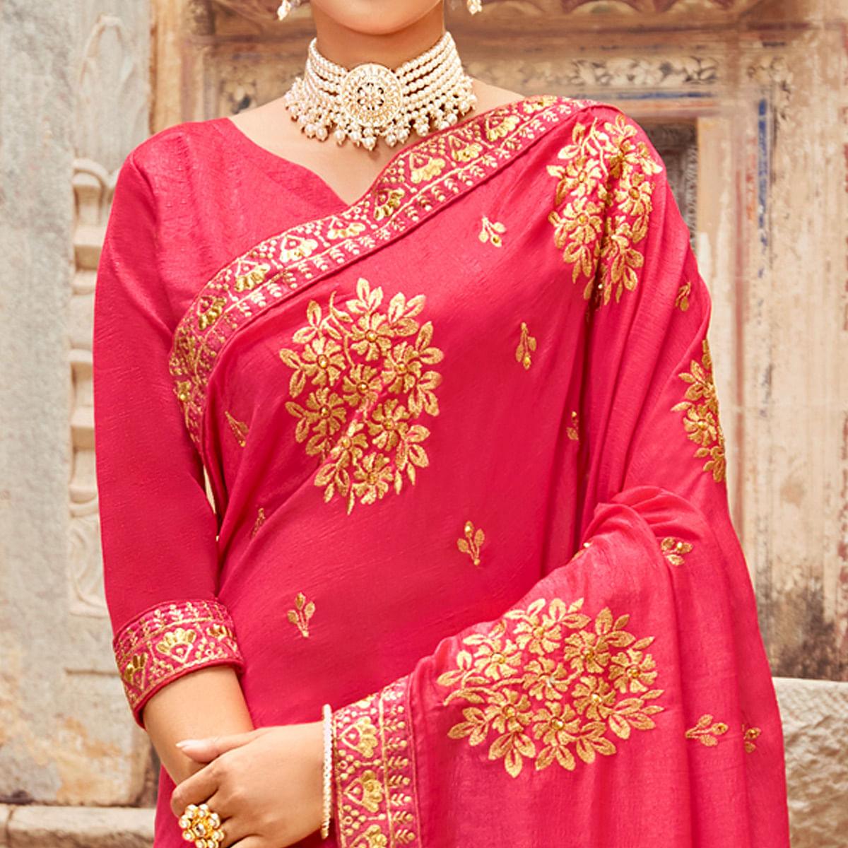 Pink Embellished With Woven Vichitra Silk Saree - Peachmode
