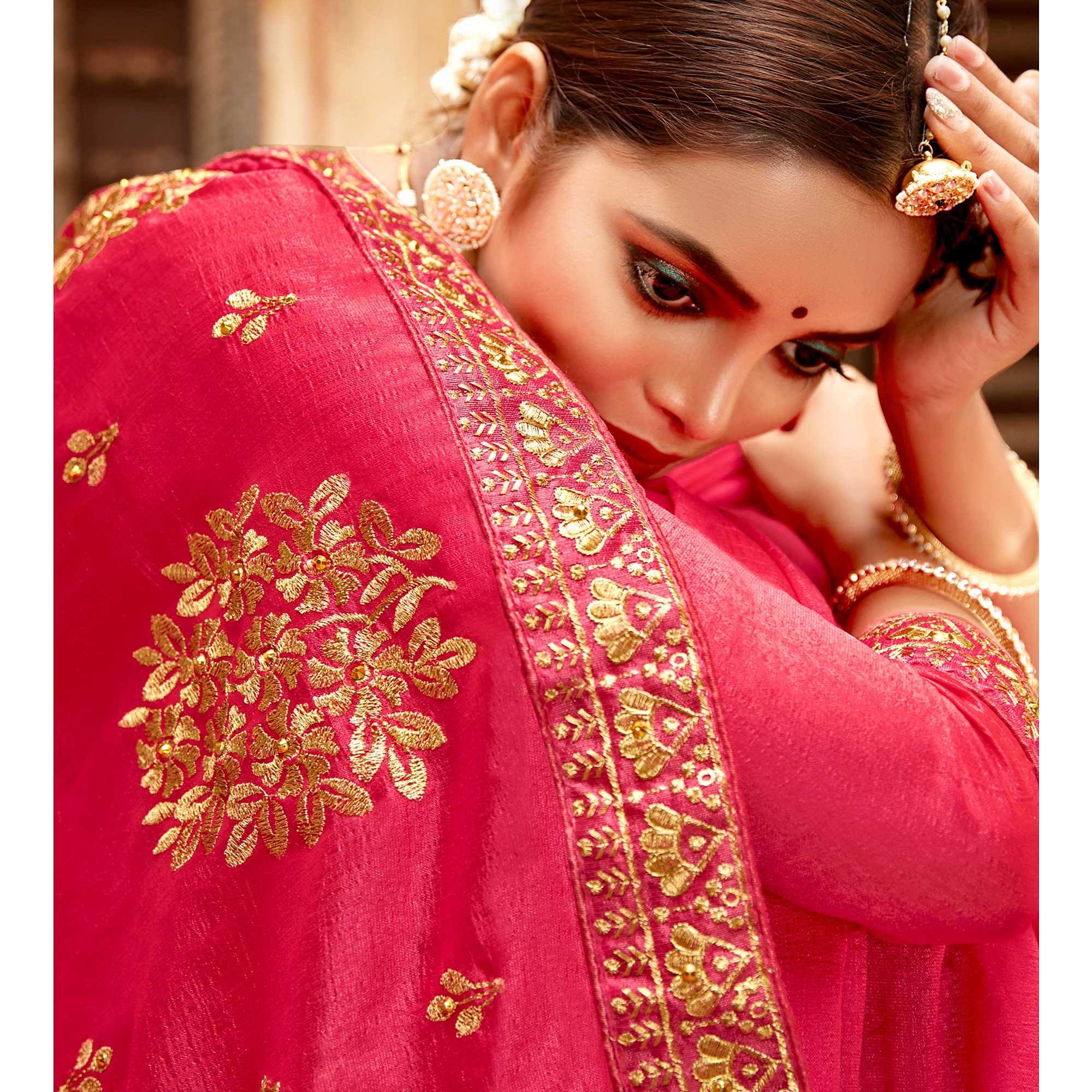 Pink Embellished With Woven Vichitra Silk Saree - Peachmode