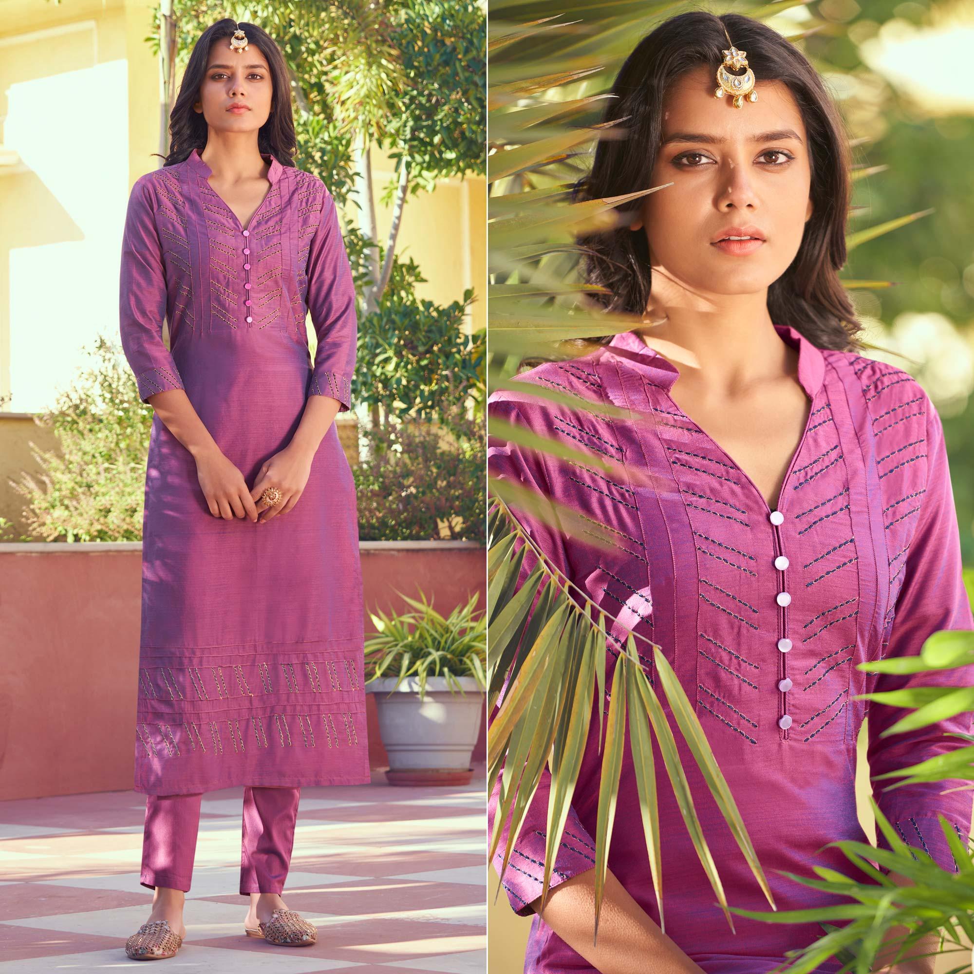 Pink Embroidered Art Silk Kurti Pant Set - Peachmode