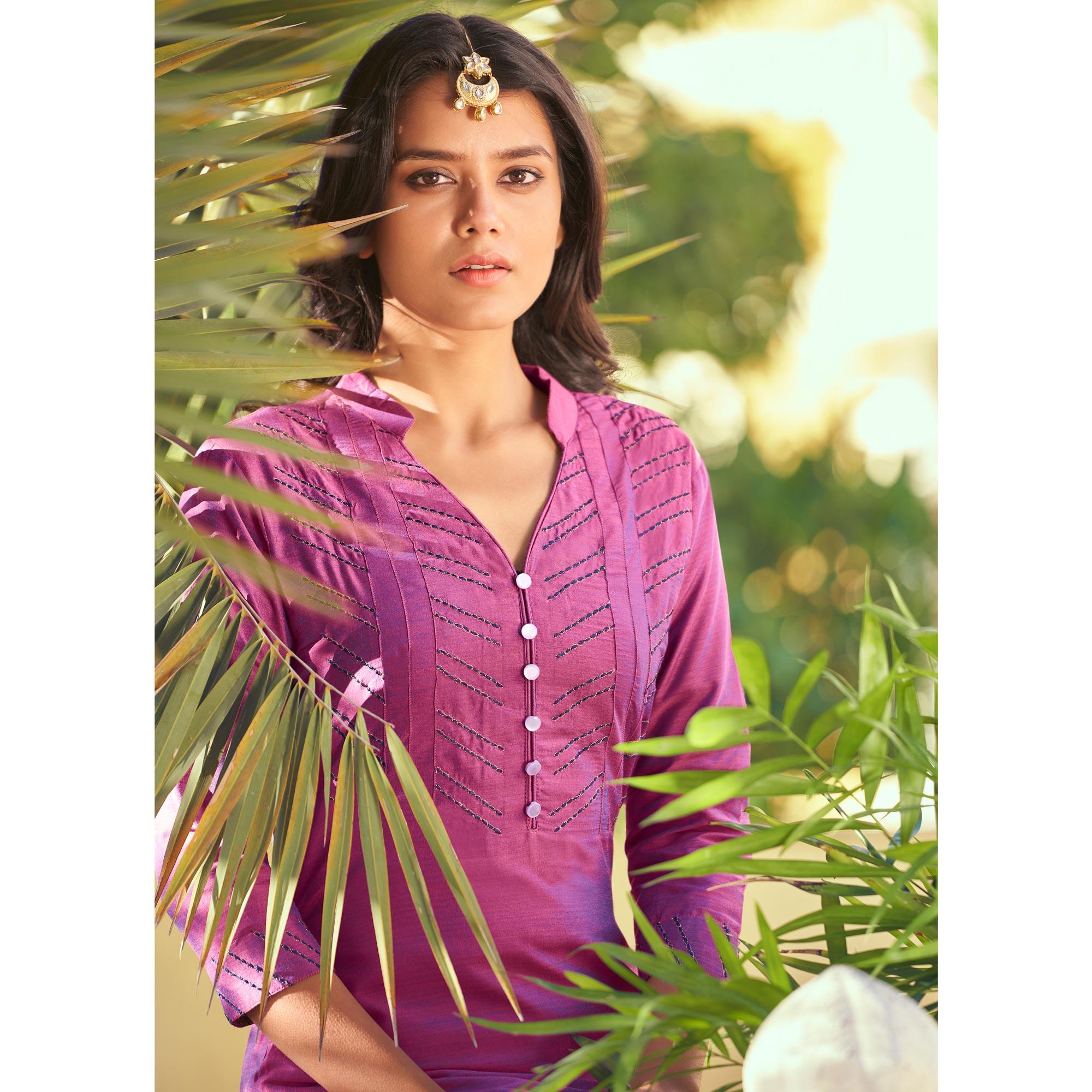 Pink Embroidered Art Silk Kurti Pant Set - Peachmode