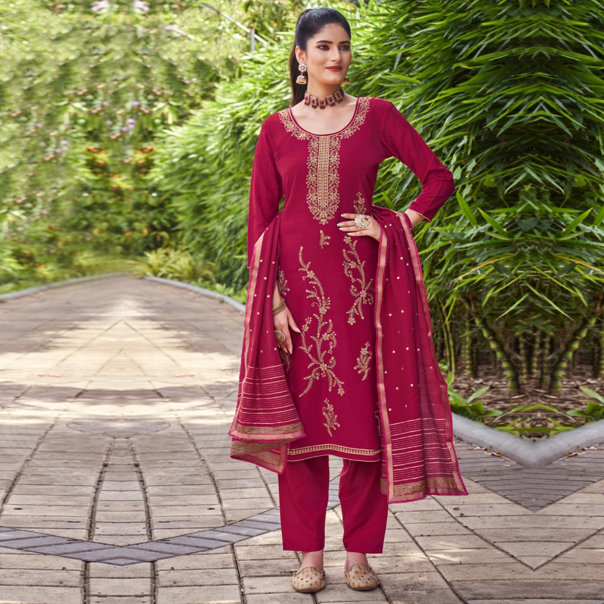 Pink Embroidered Art Silk Salwar Suit - Peachmode