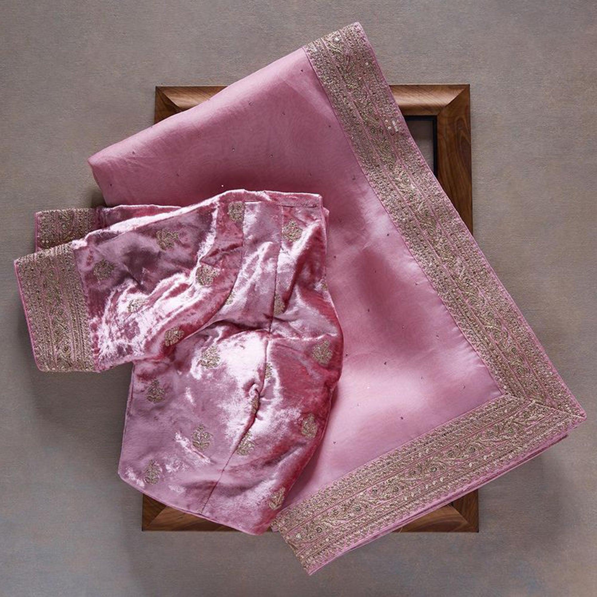 Pink Embroidered Art Silk Saree - Peachmode