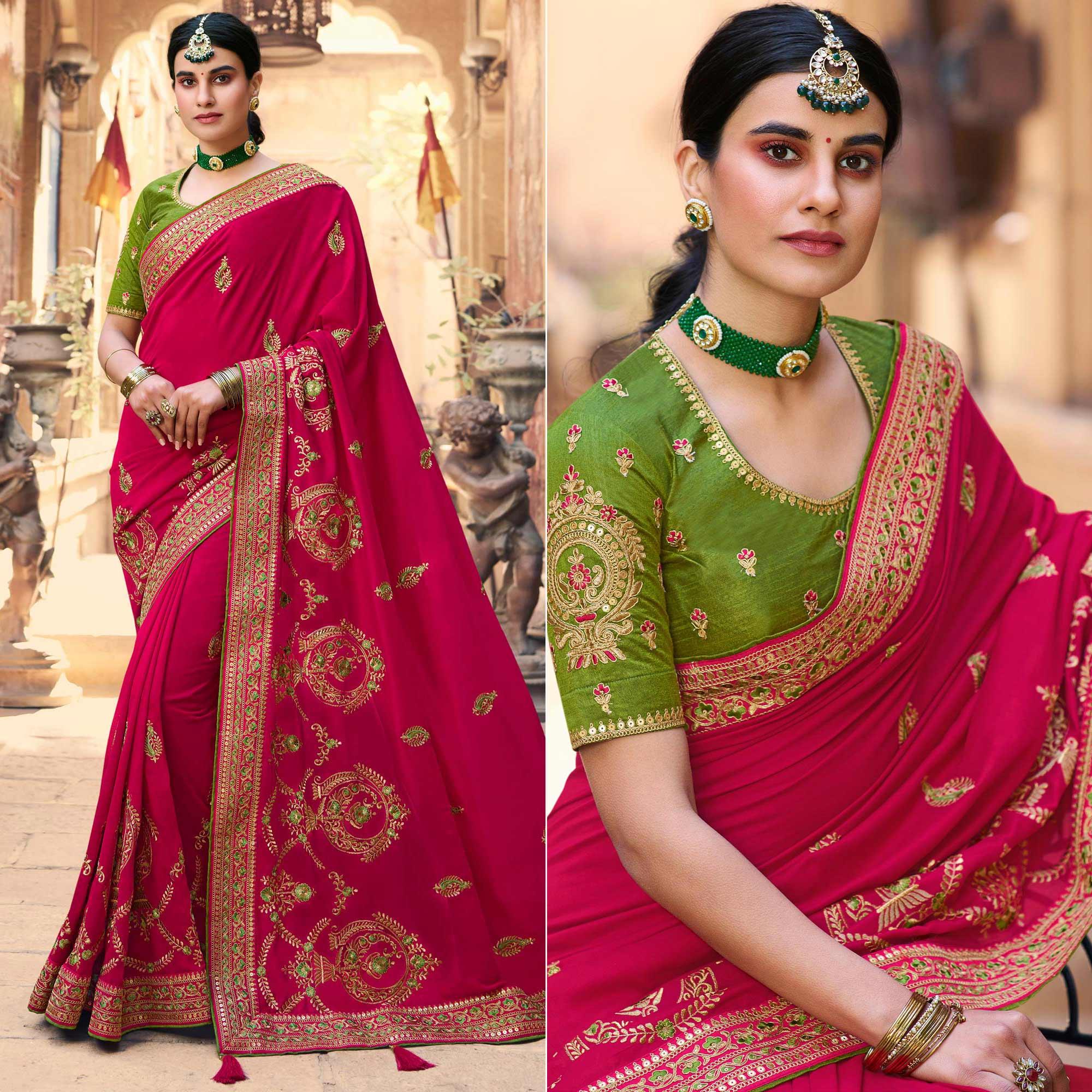 Pink Embroidered Art Silk Saree With Tassels - Peachmode