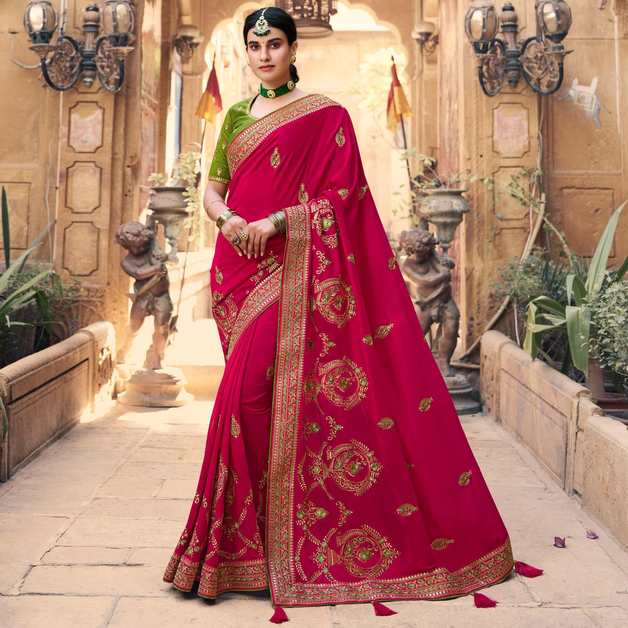 Pink Embroidered Art Silk Saree With Tassels - Peachmode