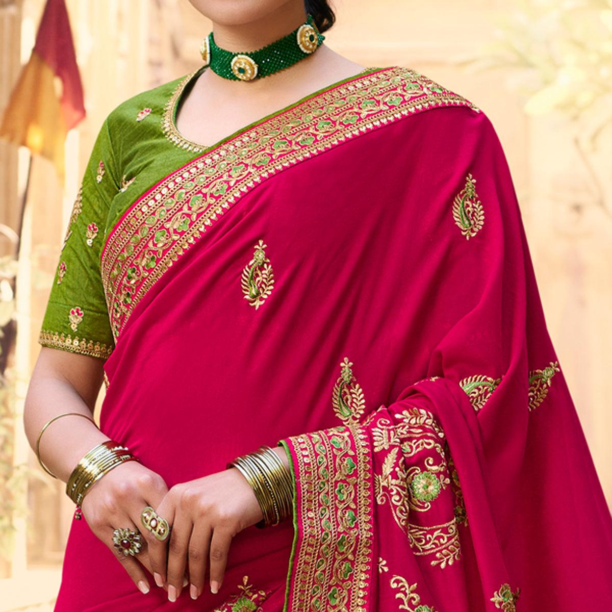 Pink Embroidered Art Silk Saree With Tassels - Peachmode