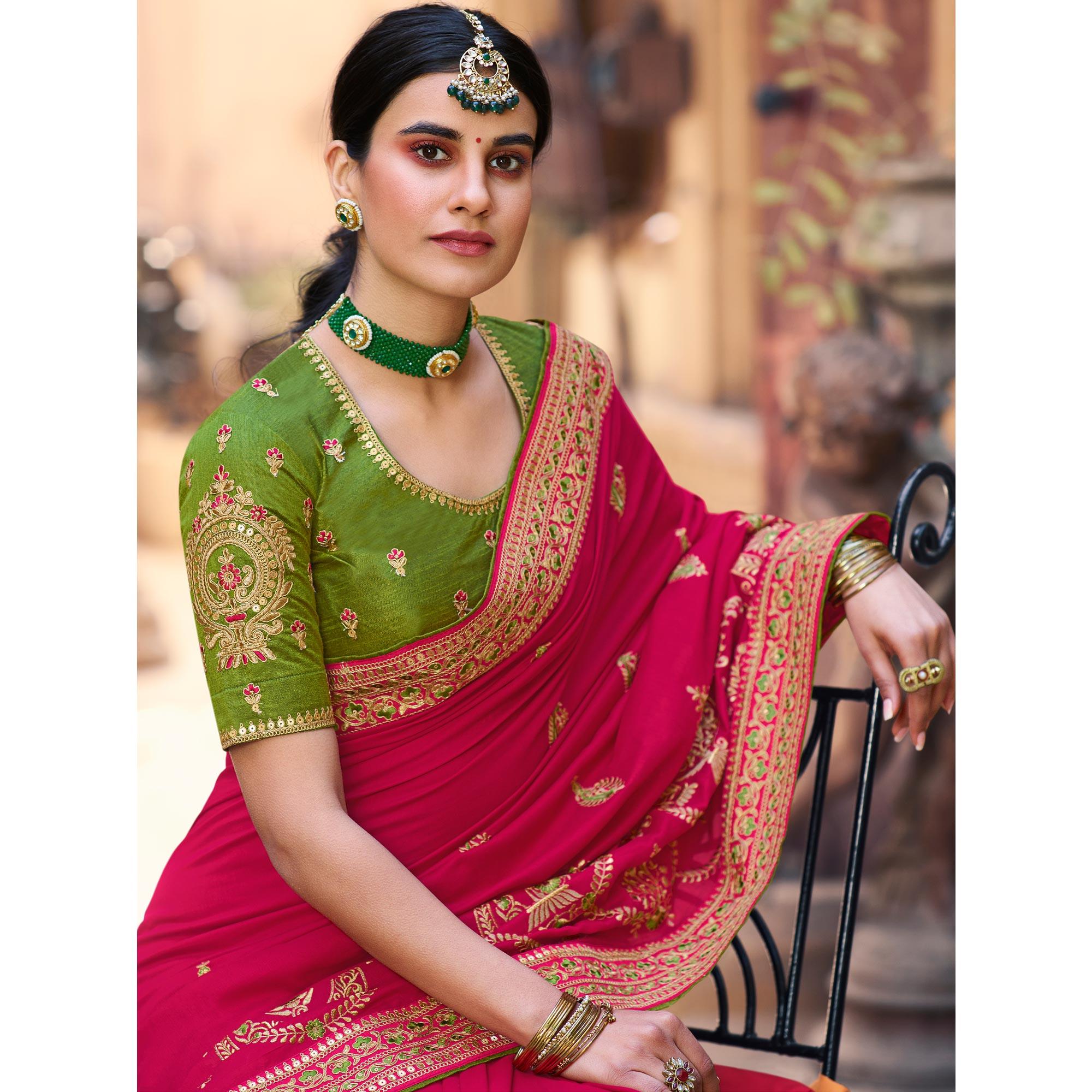 Pink Embroidered Art Silk Saree With Tassels - Peachmode