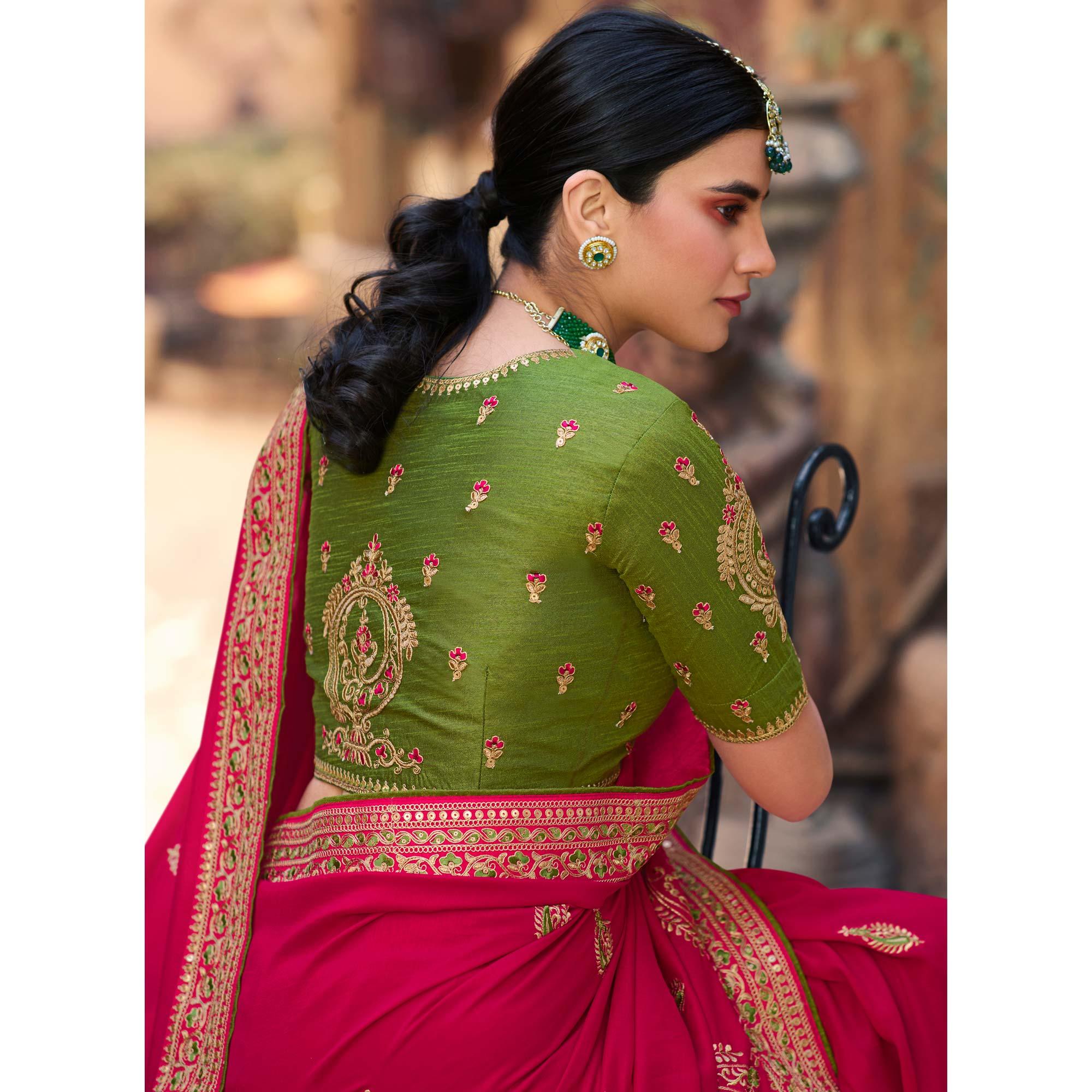 Pink Embroidered Art Silk Saree With Tassels - Peachmode