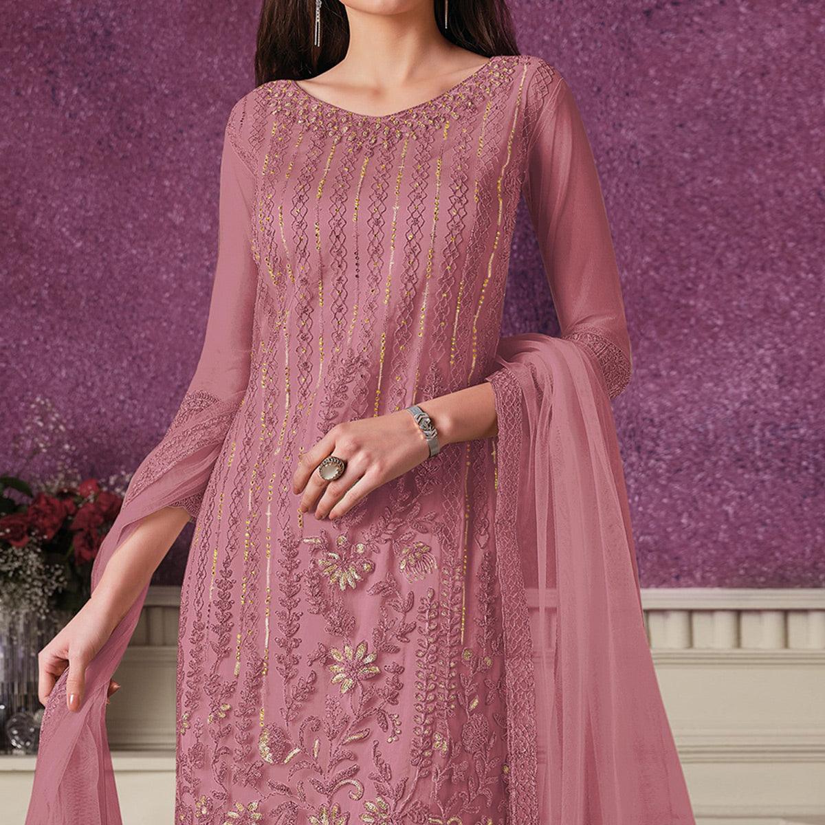 Pink Embroidered Butterfly Net Partywear Suit - Peachmode