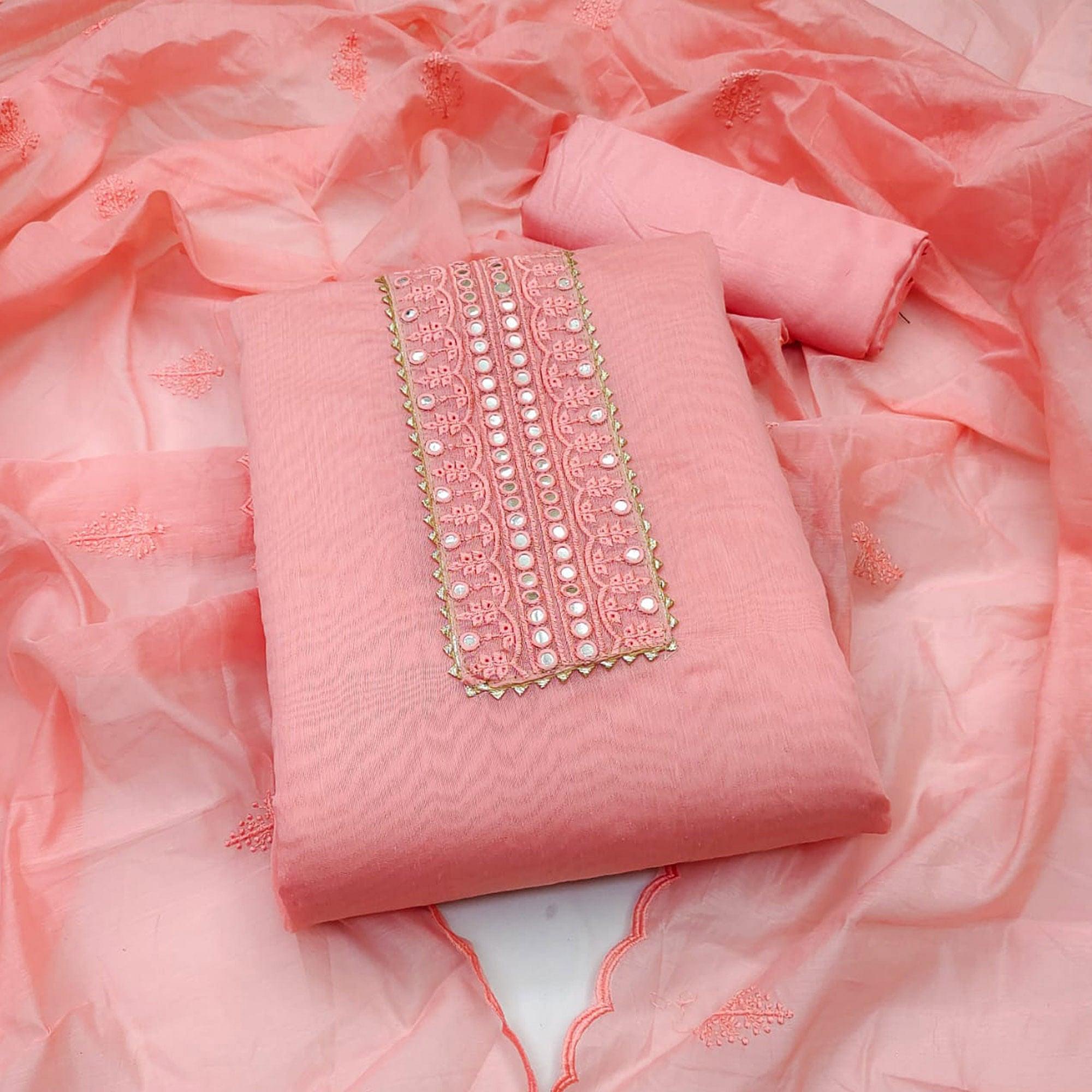 Pink Embroidered Chanderi Dress Material - Peachmode